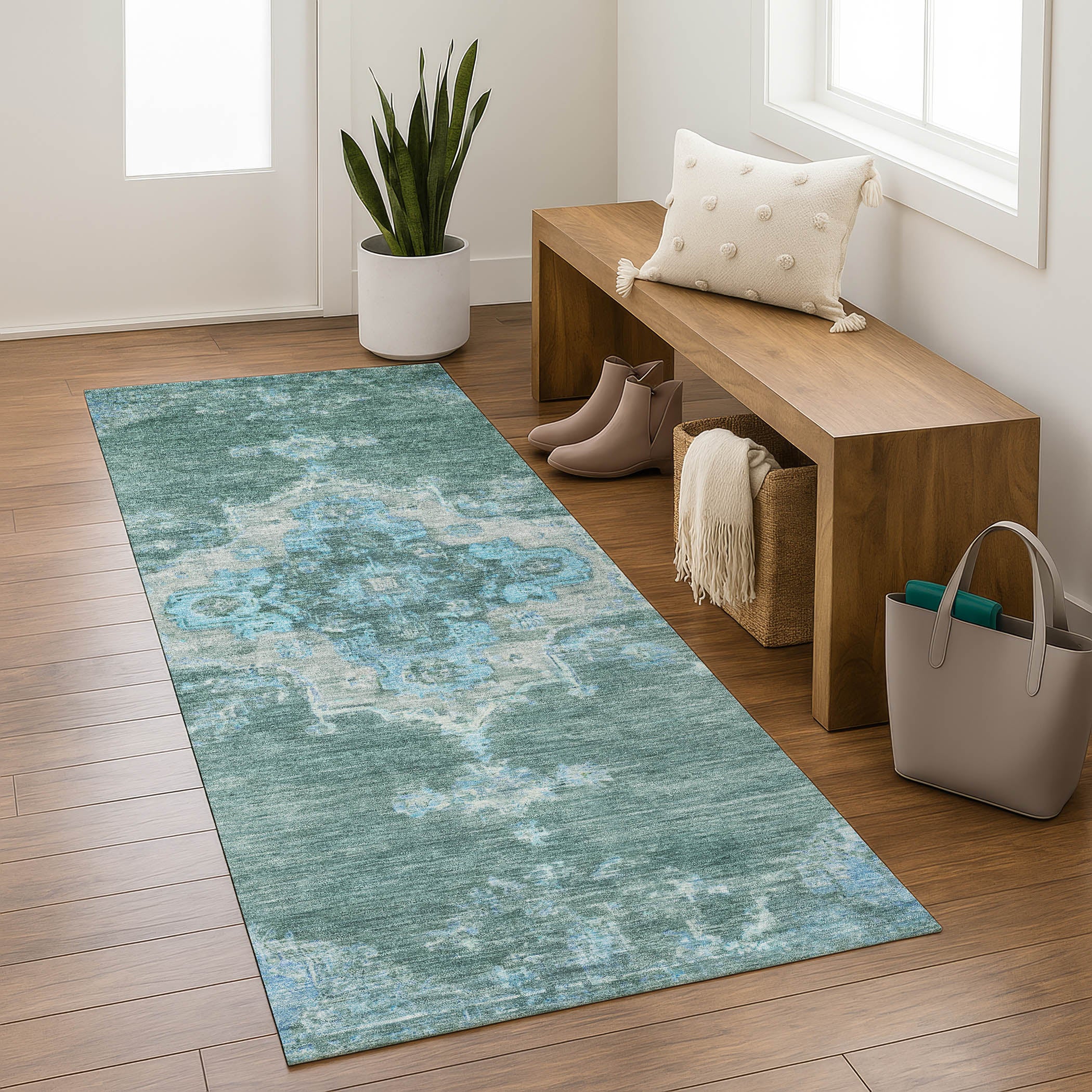 Kotor Machine Washable Traditional Teal Rug 2'3" x 7'6" #shape_Runner