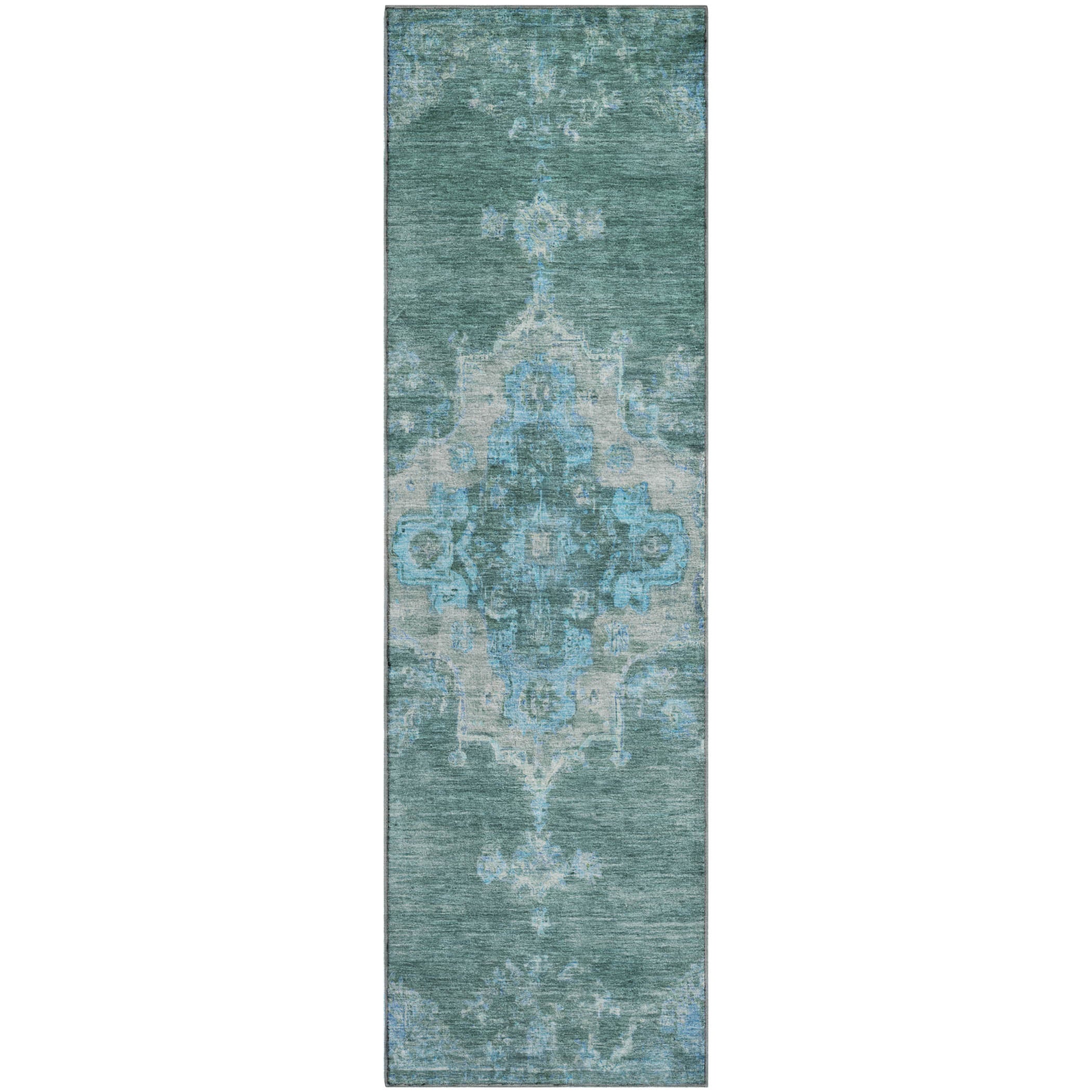 Kotor Machine Washable Traditional Teal Rug 2'3" x 7'6" #shape_Runner