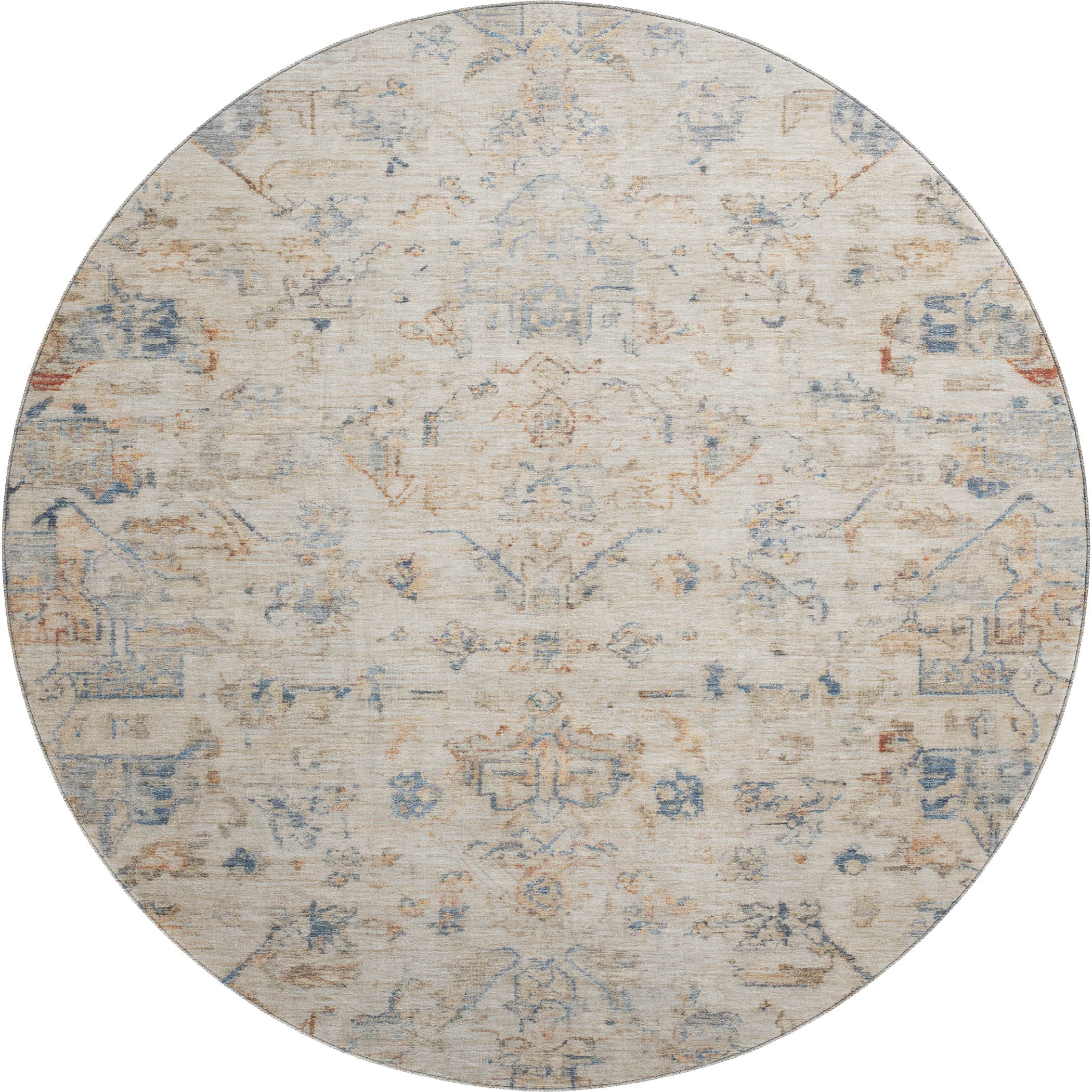 Oaxaca Machine Washable Traditional Beige Brown Rug 8' x 8' #shape_Round