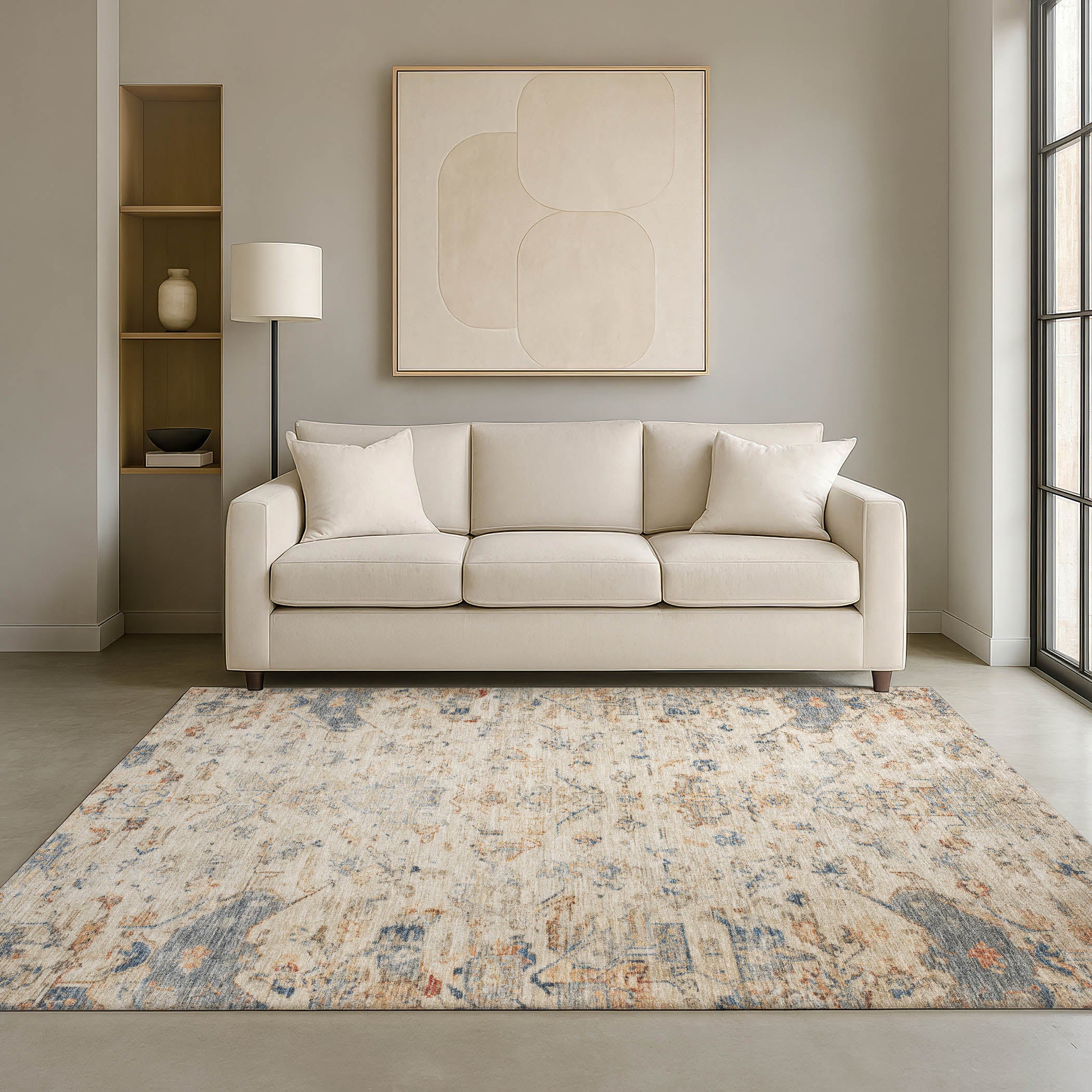 Oaxaca Machine Washable Traditional Beige Brown Rug 3' x 5' #shape_Rectangle