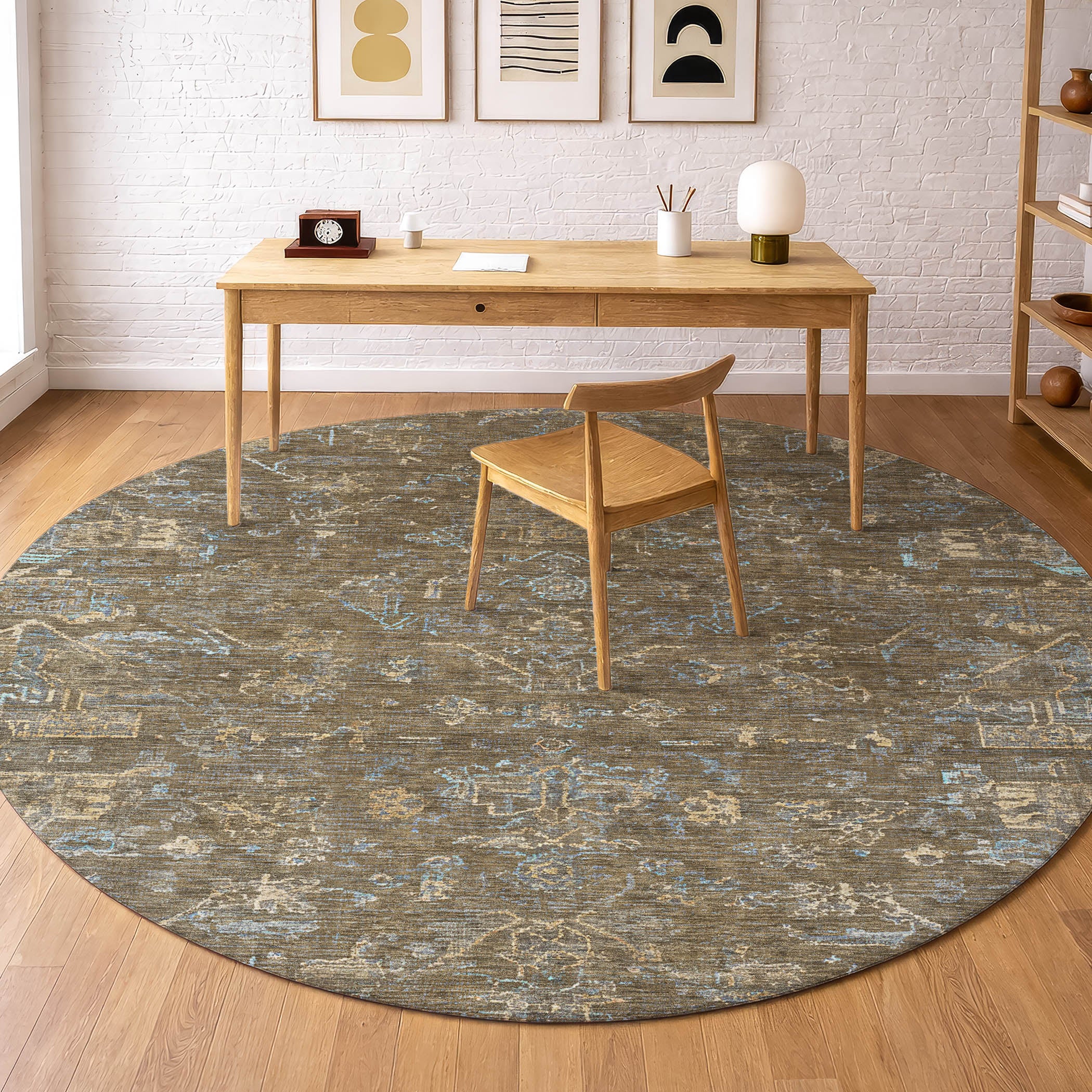 Oaxaca Machine Washable Traditional Brown Rug 8' x 8' #shape_Round