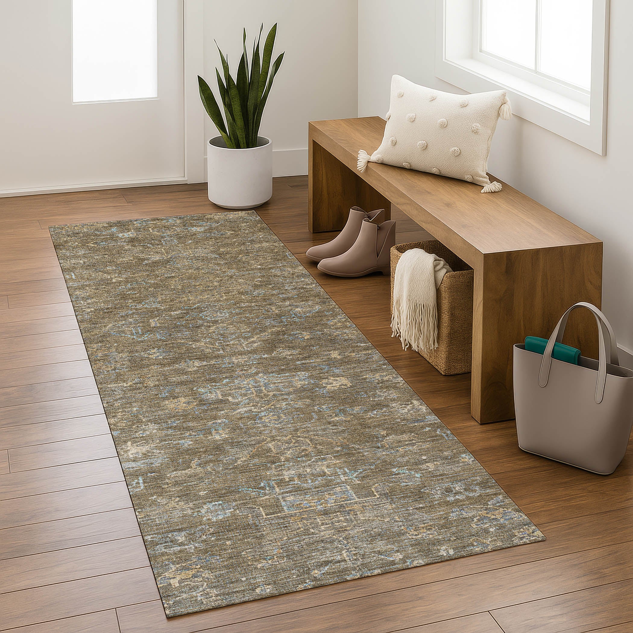 Oaxaca Machine Washable Traditional Brown Rug 2'3" x 7'6" #shape_Runner