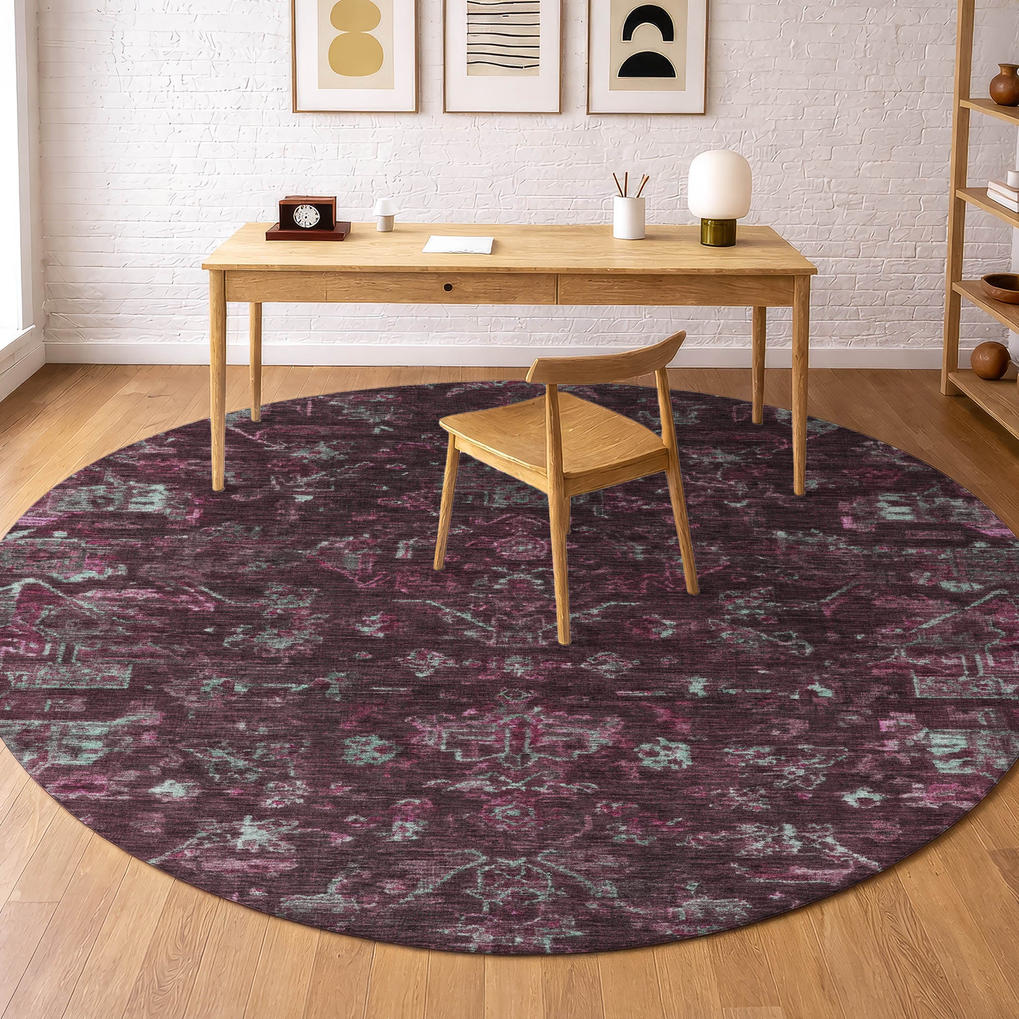 Oaxaca Machine Washable Traditional Burgundy Red Rug 8' x 8' #shape_Round