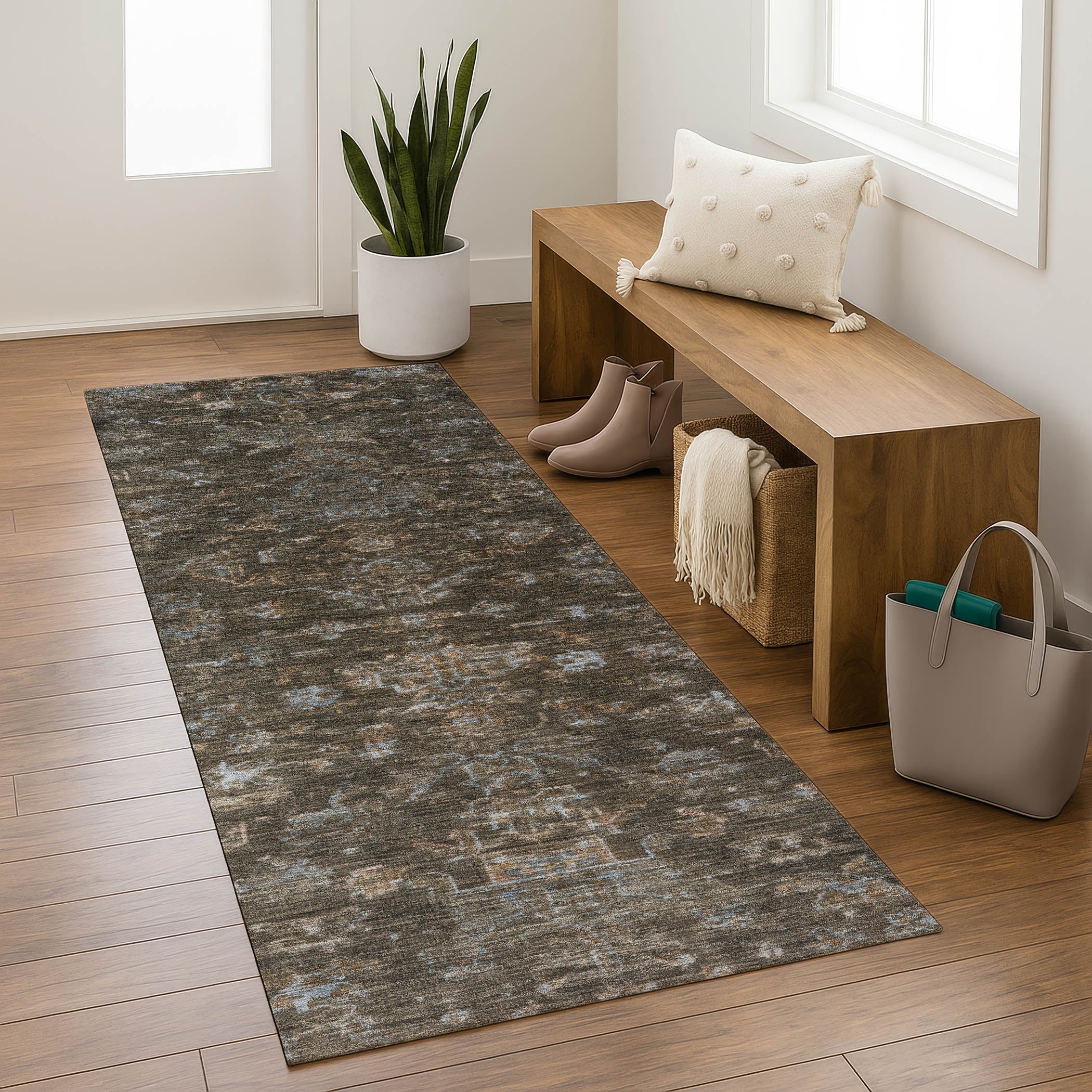 Oaxaca Machine Washable Traditional Chocolate Brown Rug 2'3" x 7'6" #shape_Runner