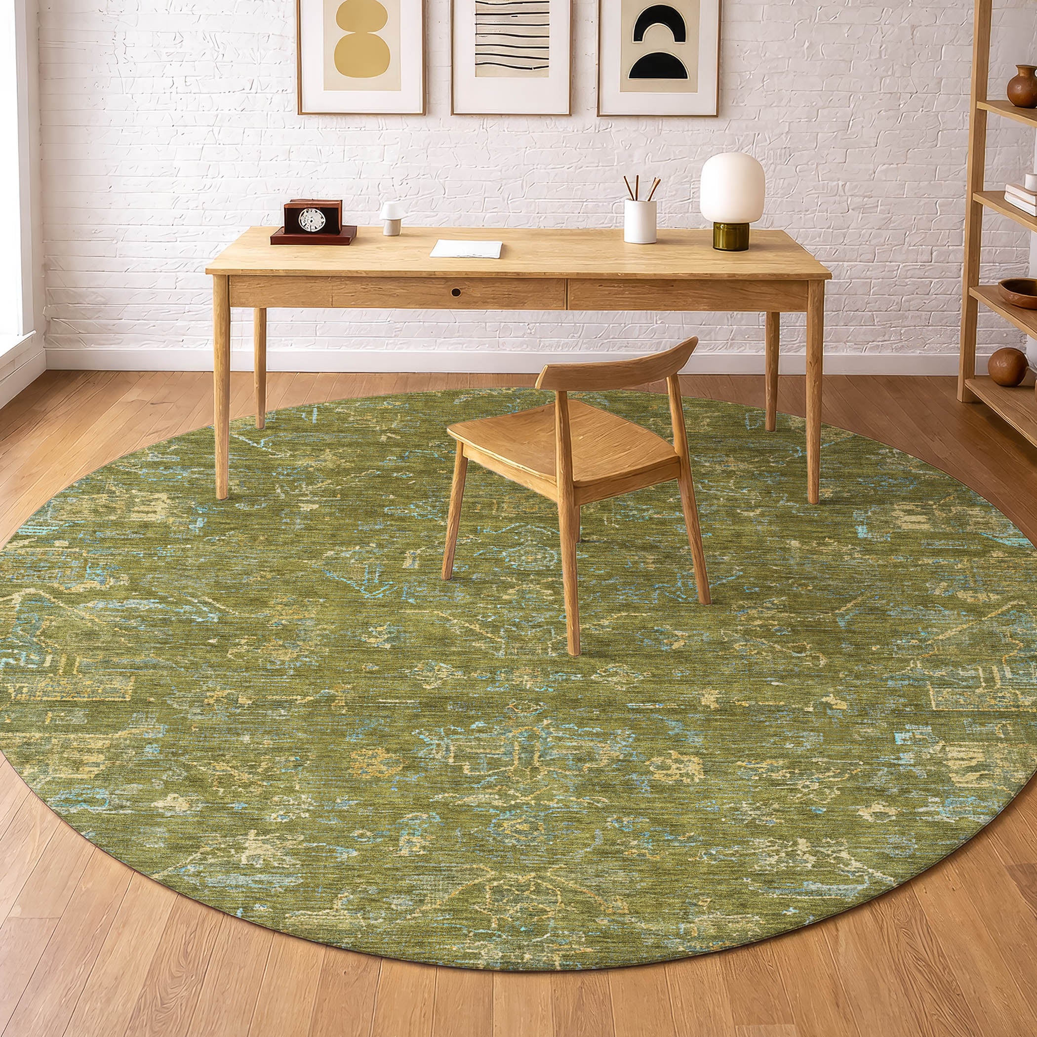 Oaxaca Machine Washable Traditional Fern Green Rug 8' x 8' #shape_Round