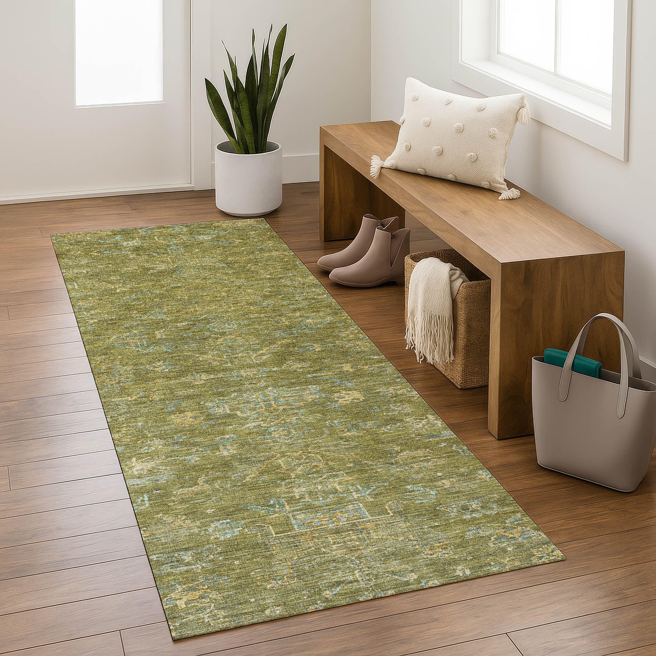 Oaxaca Machine Washable Traditional Fern Green Rug 2'3" x 7'6" #shape_Runner