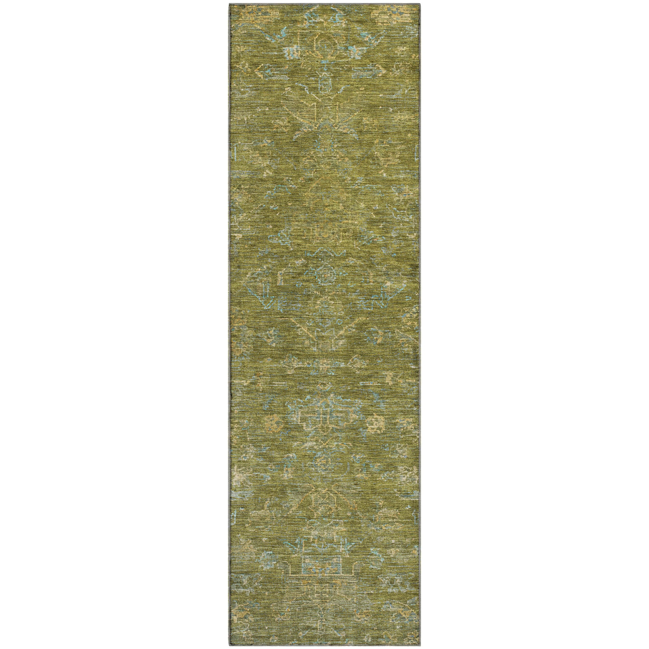 Oaxaca Machine Washable Traditional Fern Green Rug 2'3" x 7'6" #shape_Runner