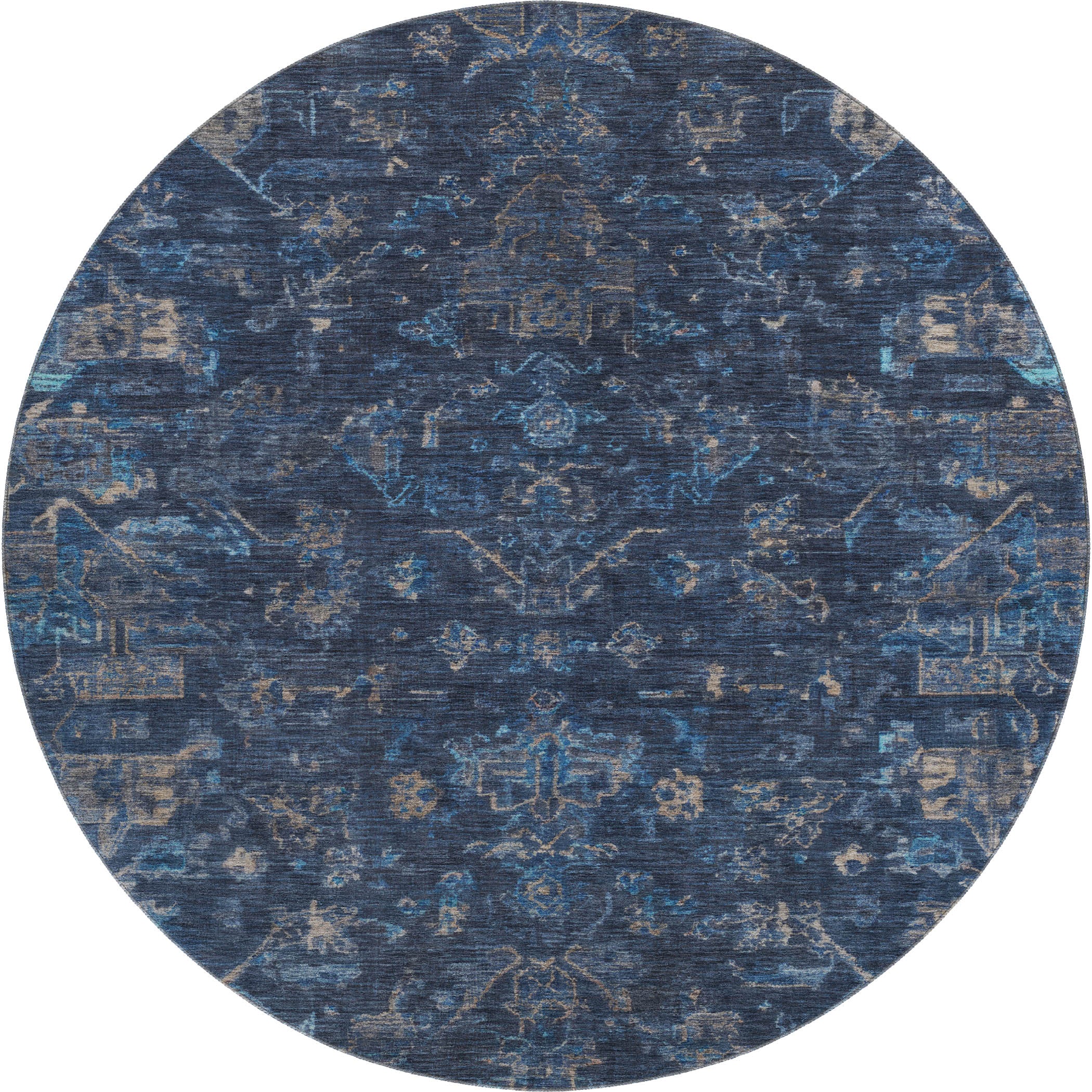 Oaxaca Machine Washable Traditional Navy Blue Rug 8' x 8' #shape_Round