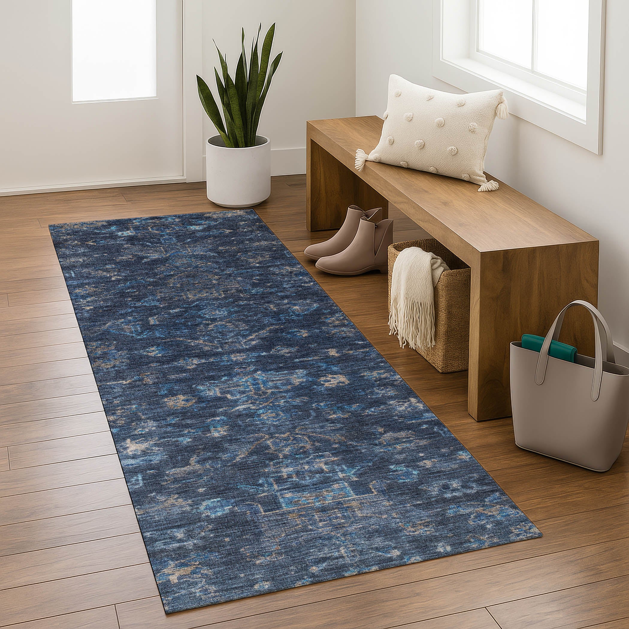 Oaxaca Machine Washable Traditional Navy Blue Rug 2'3" x 7'6" #shape_Runner