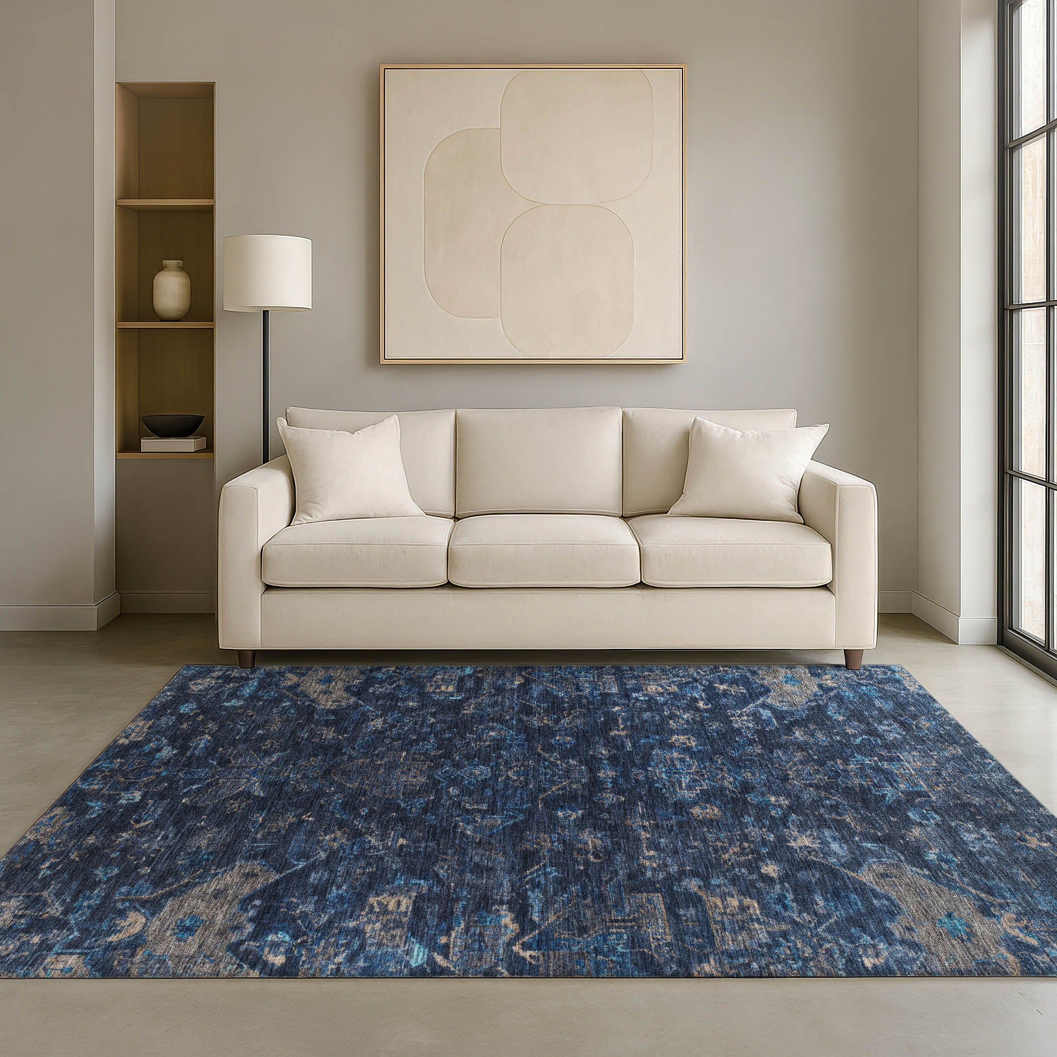Oaxaca Machine Washable Traditional Navy Blue Rug 3' x 5' #shape_Rectangle