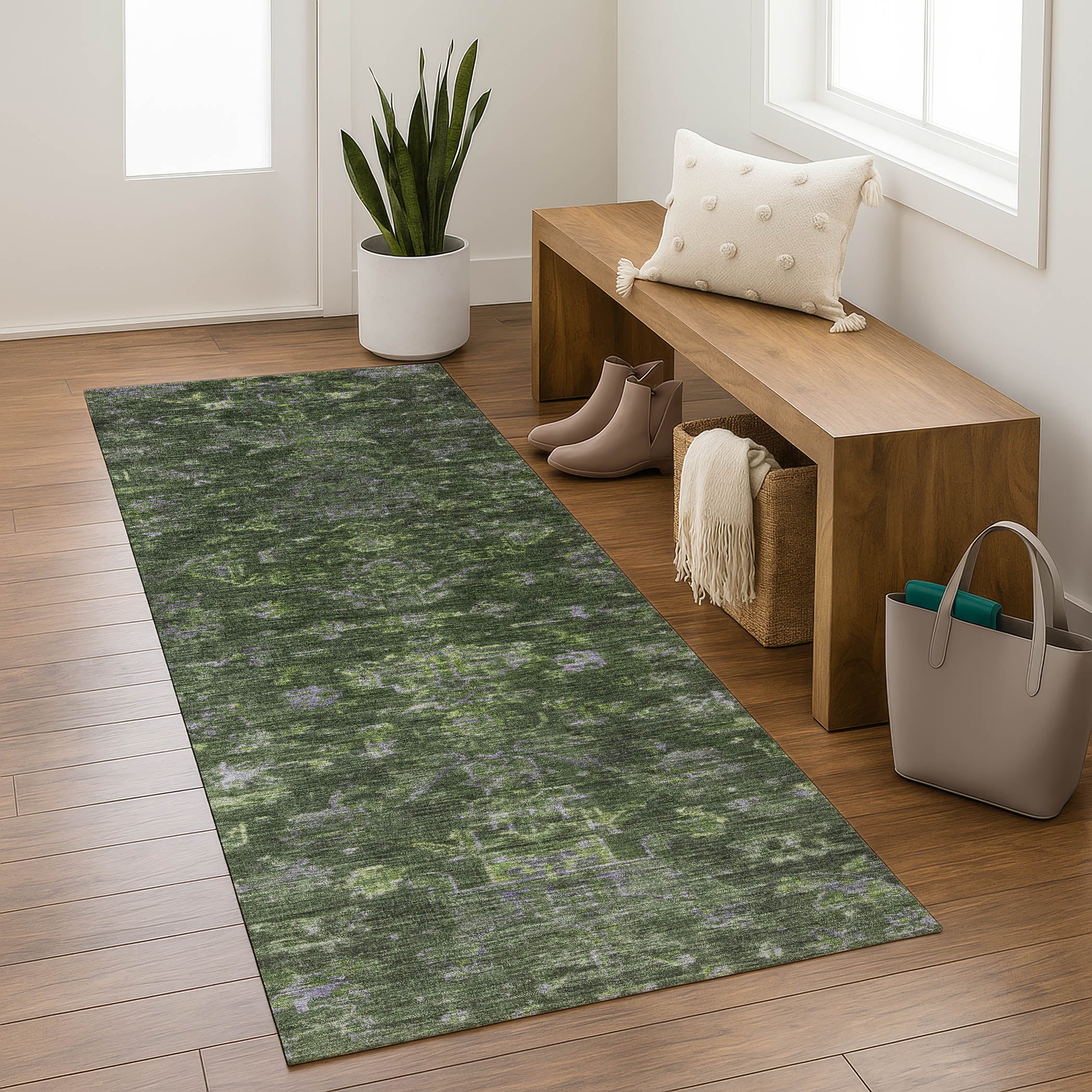 Oaxaca Machine Washable Traditional Olive Green Rug 2'3" x 7'6" #shape_Runner