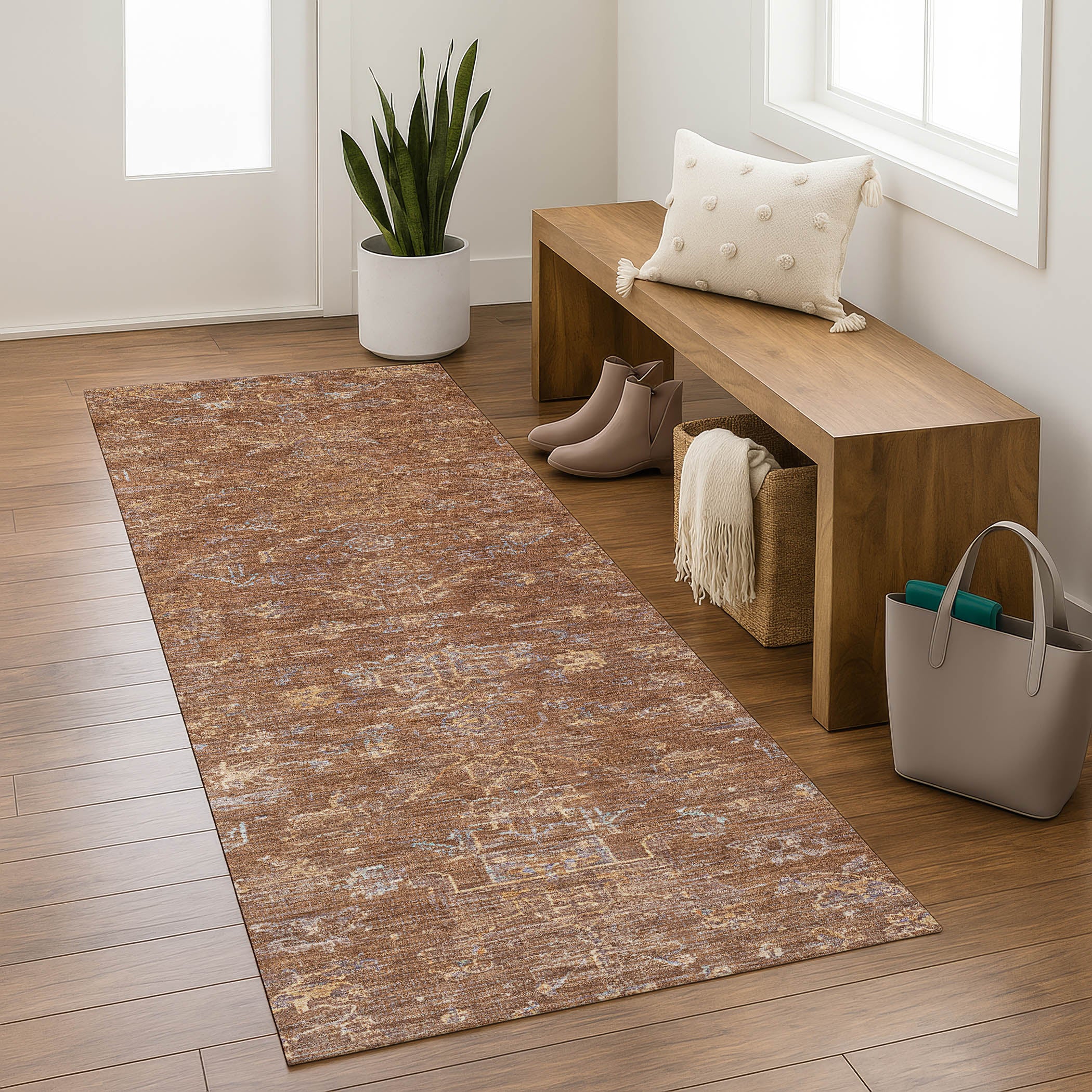 Oaxaca Machine Washable Traditional Paprika Orange Rug 2'3" x 7'6" #shape_Runner