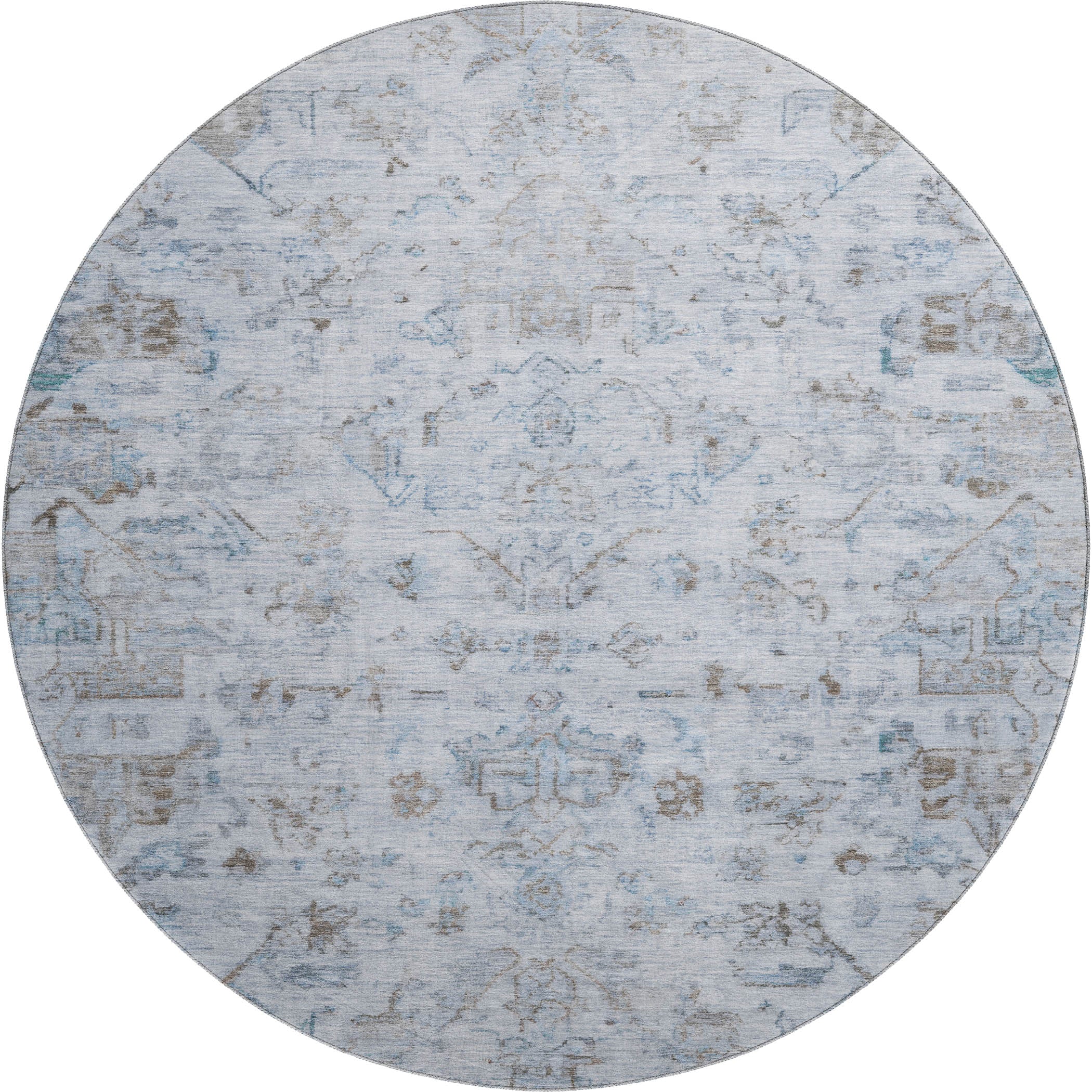 Oaxaca Machine Washable Traditional Sky Blue Rug 8' x 8' #shape_Round
