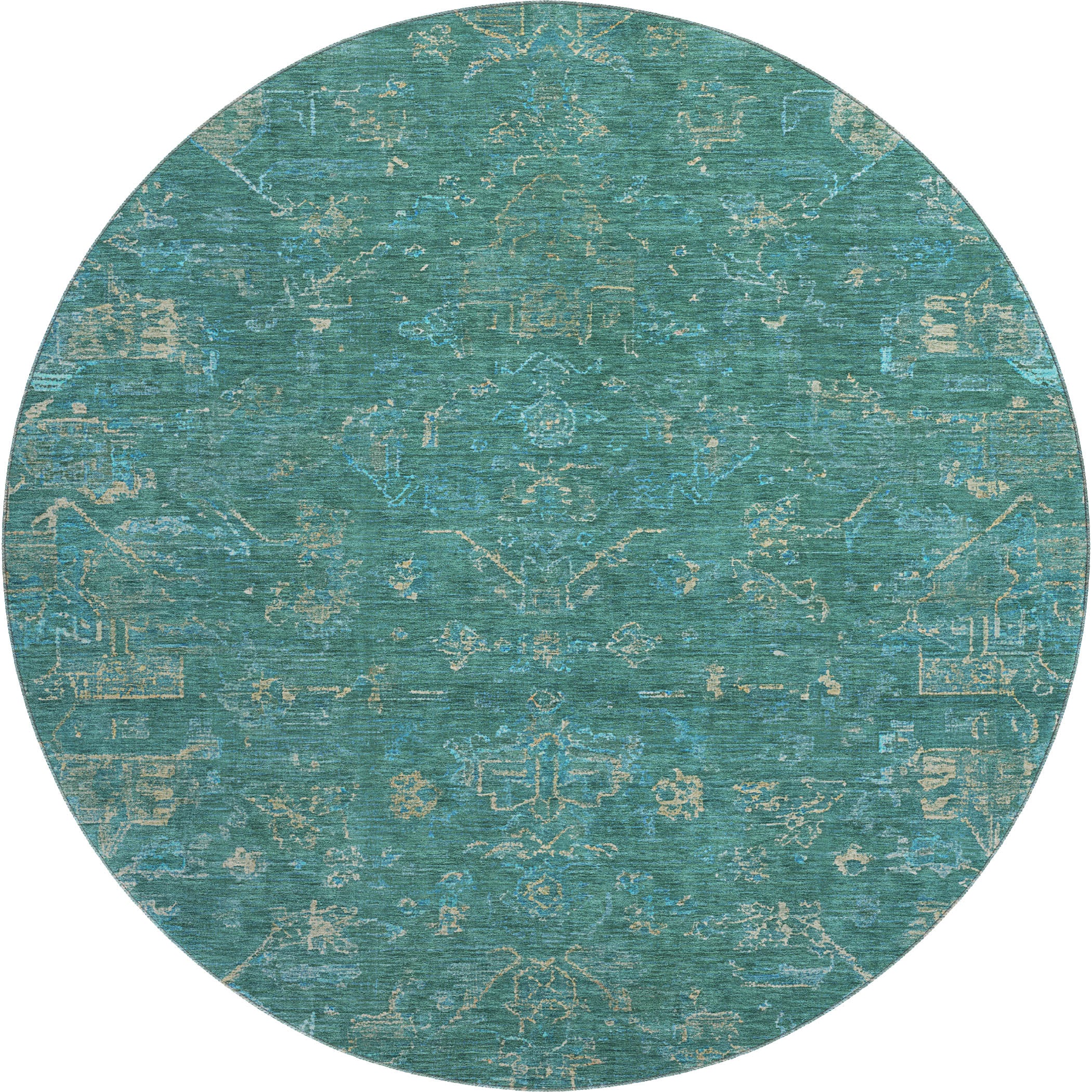 Oaxaca Machine Washable Traditional Teal Rug 8' x 8' #shape_Round
