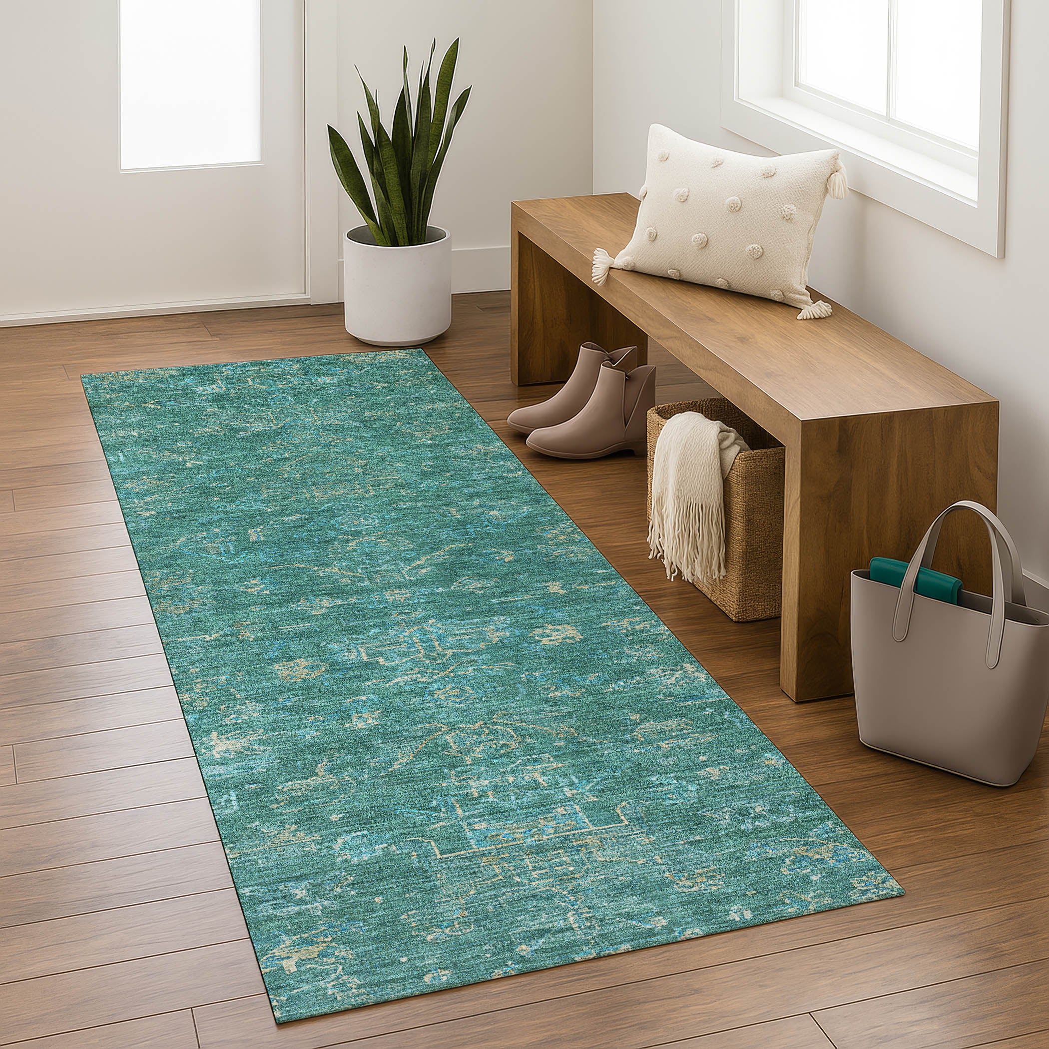 Oaxaca Machine Washable Traditional Teal Rug 2'3" x 7'6" #shape_Runner
