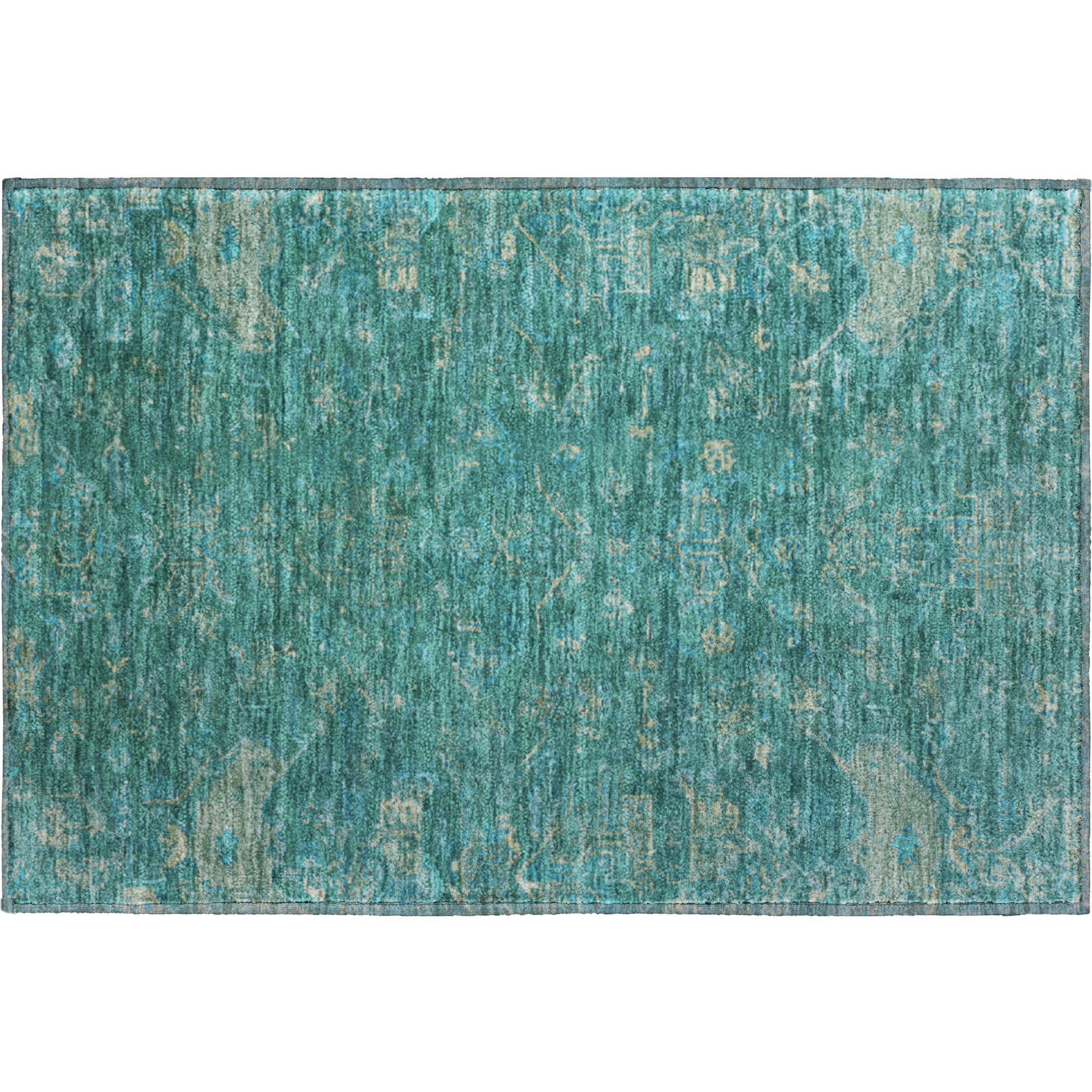 Oaxaca Machine Washable Traditional Teal Rug 1'8" x 2'6" #shape_Rectangle