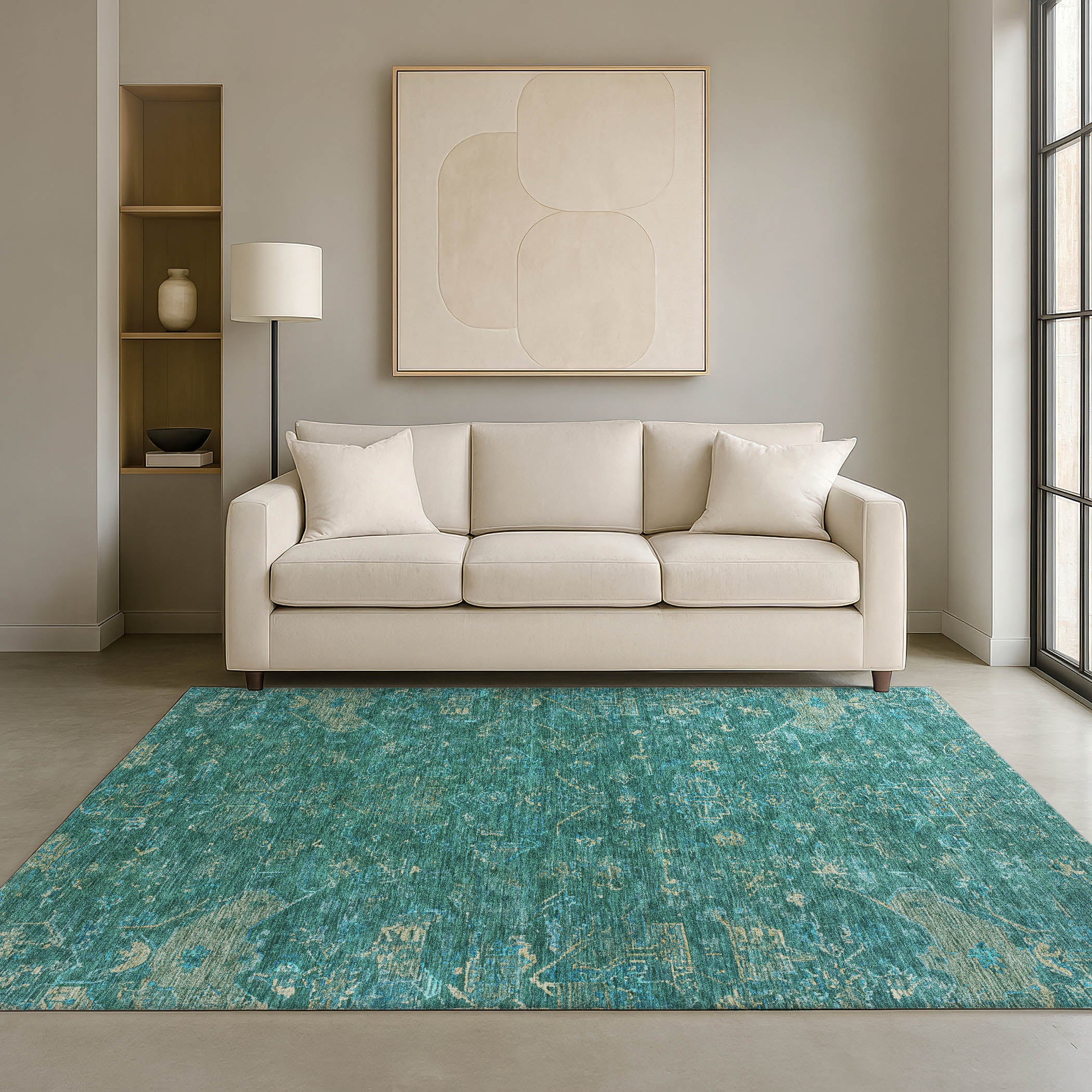 Oaxaca Machine Washable Traditional Teal Rug 3' x 5' #shape_Rectangle