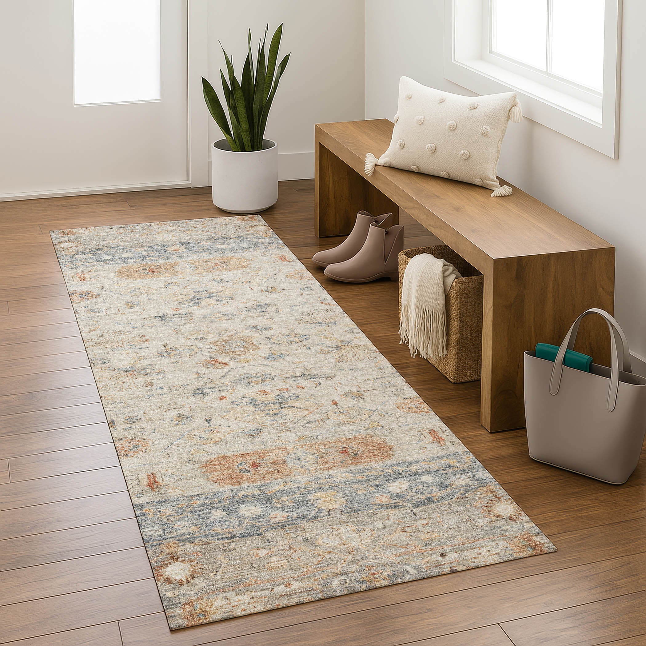 Florence Machine Washable Traditional Beige Brown Rug 2'3" x 7'6" #shape_Runner