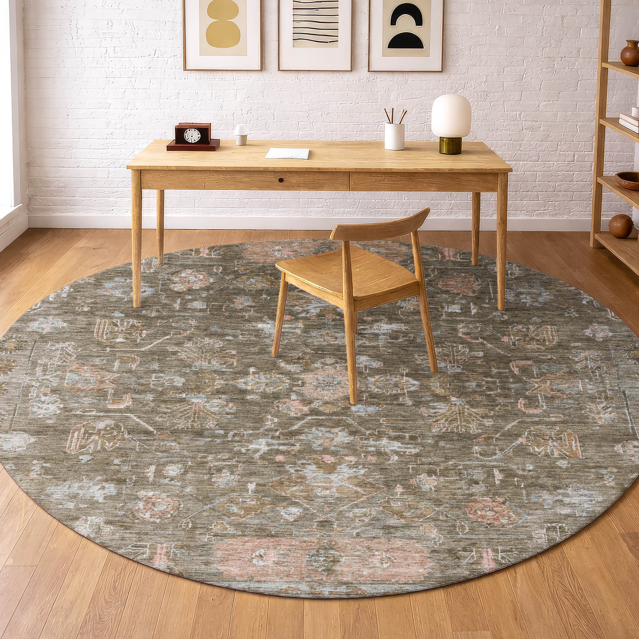 Florence Machine Washable Traditional Brown Rug 8' x 8' #shape_Round