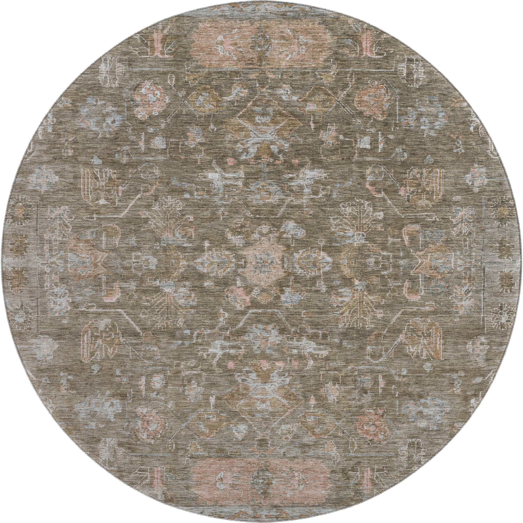 Florence Machine Washable Traditional Brown Rug 8' x 8' #shape_Round