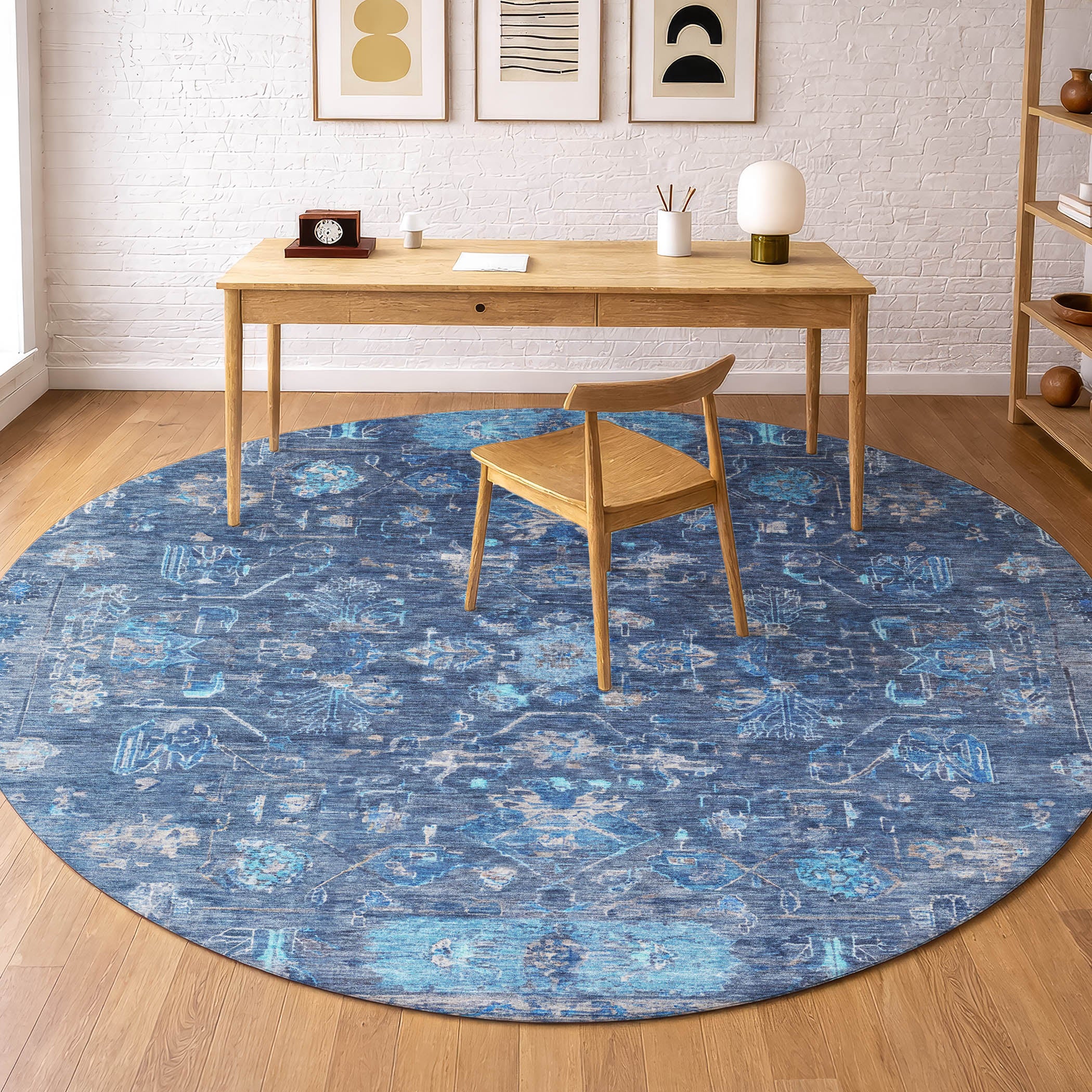 Florence Machine Washable Traditional Navy Blue Rug 8' x 8' #shape_Round