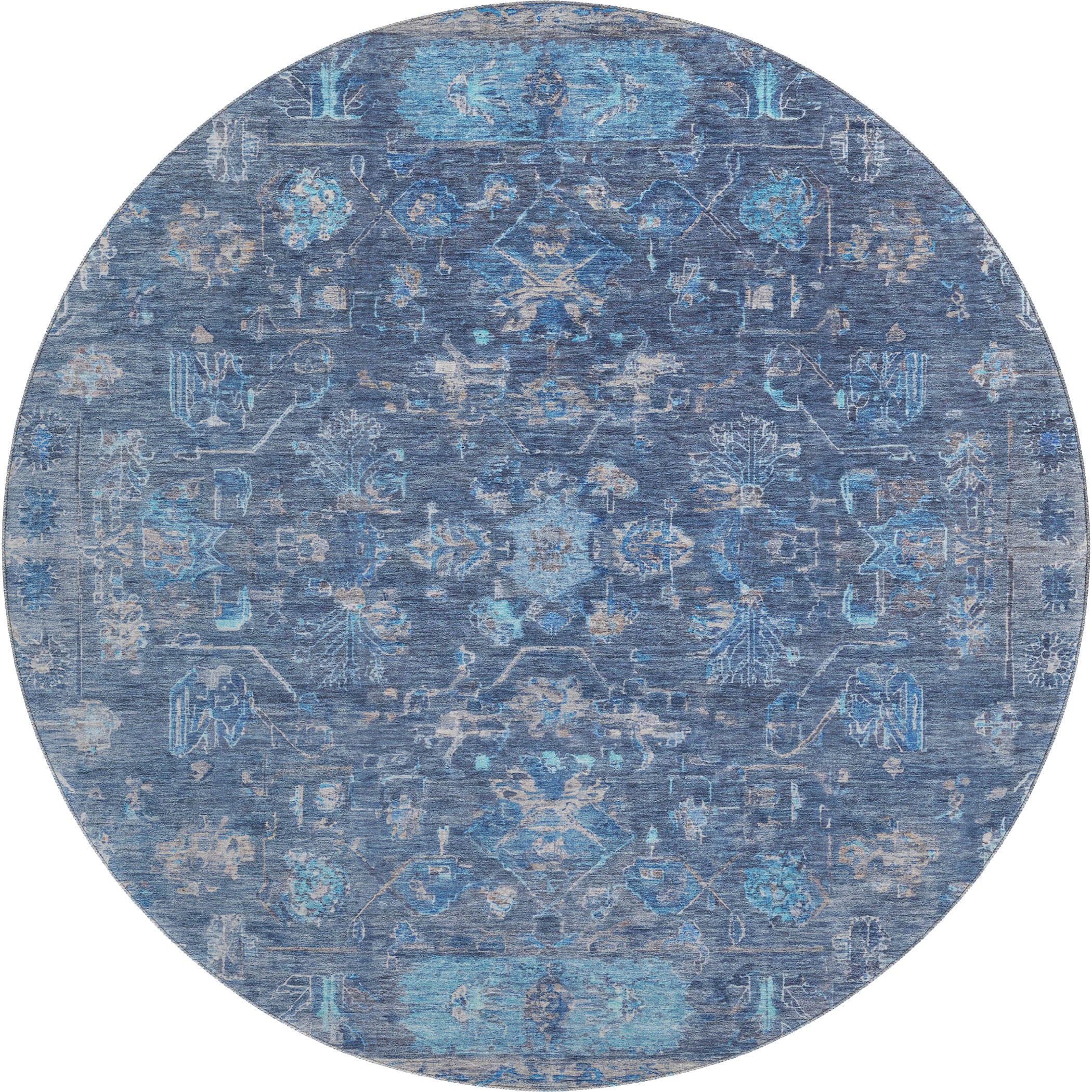 Florence Machine Washable Traditional Navy Blue Rug 8' x 8' #shape_Round