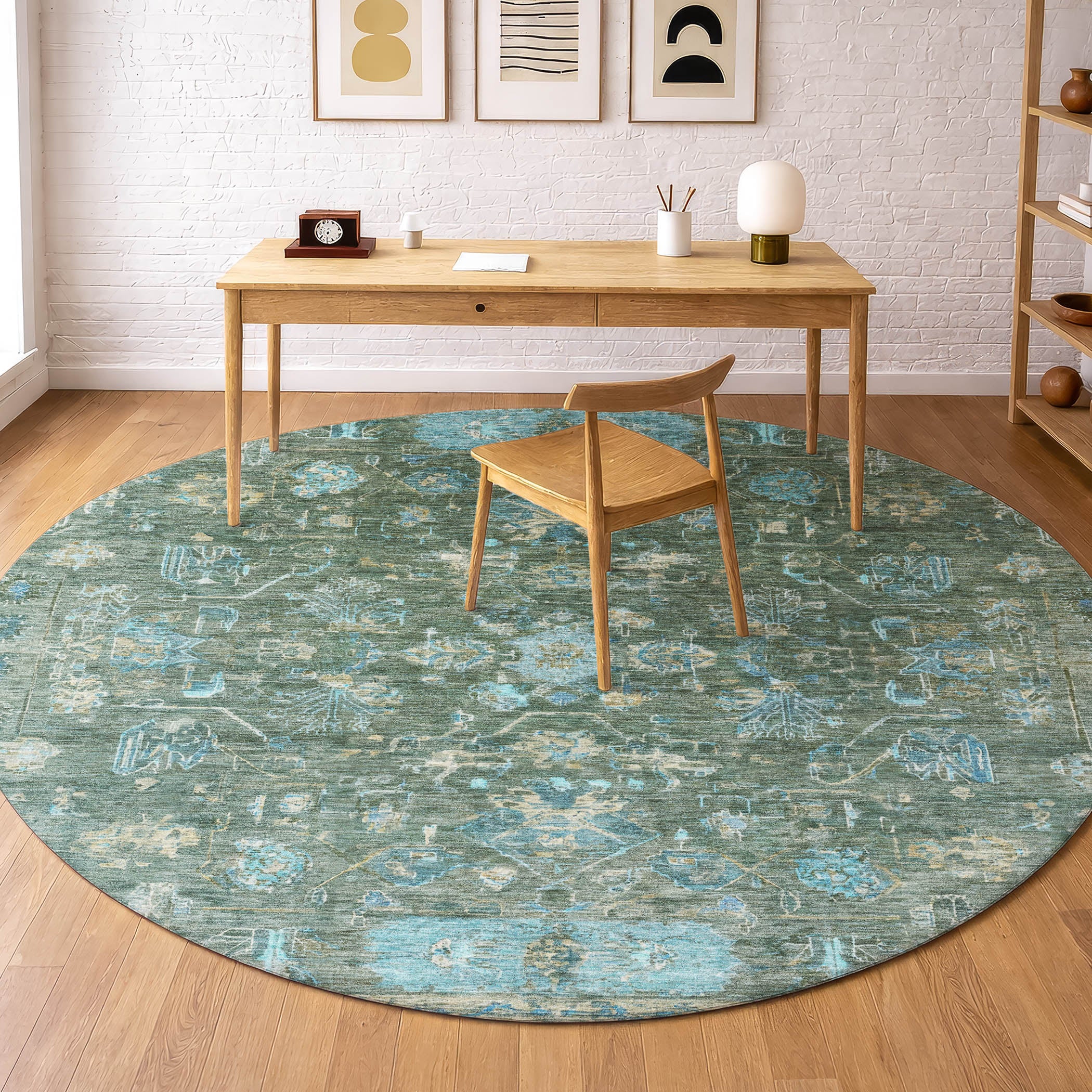 Florence Machine Washable Traditional Sage Green Rug 8' x 8' #shape_Round