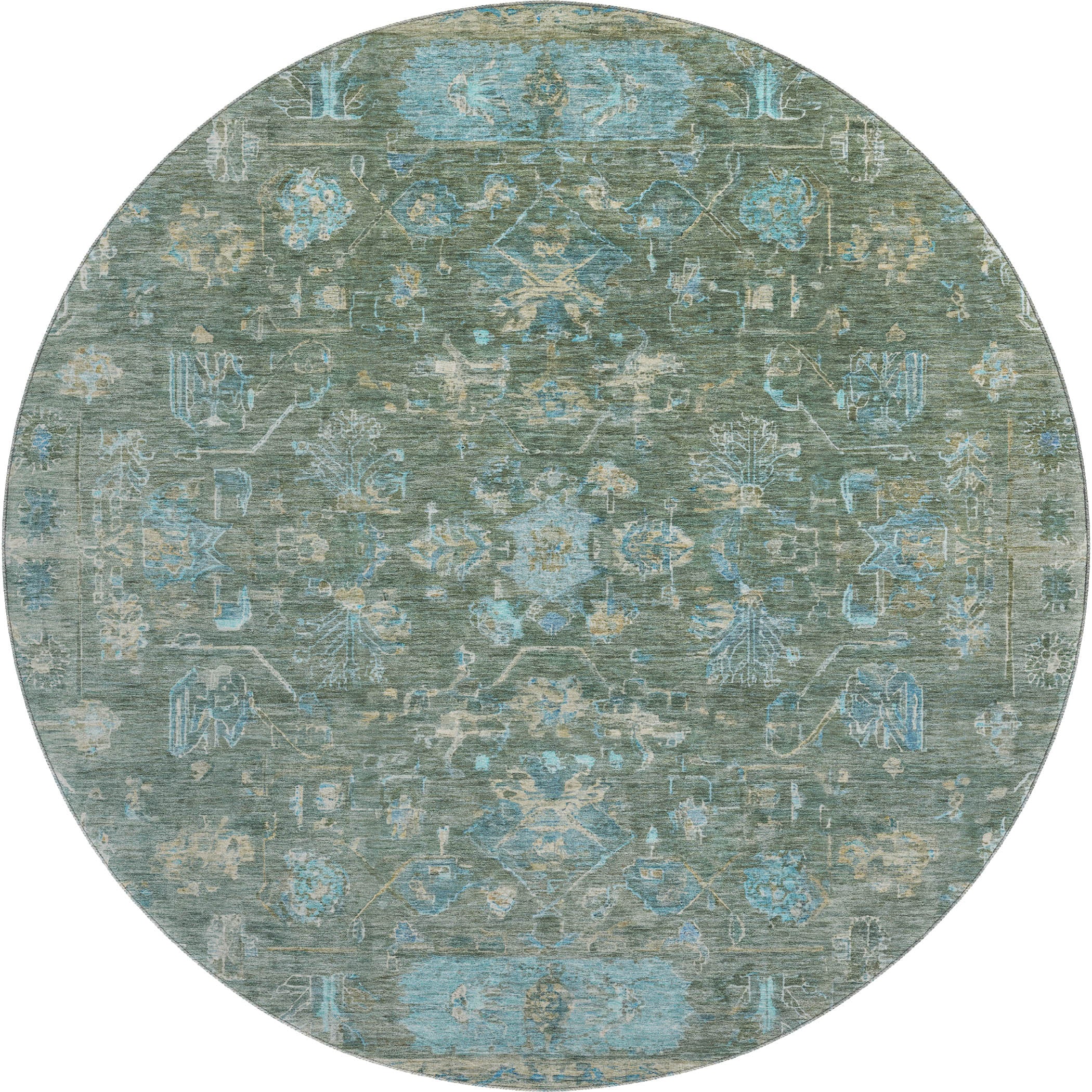 Florence Machine Washable Traditional Sage Green Rug 8' x 8' #shape_Round