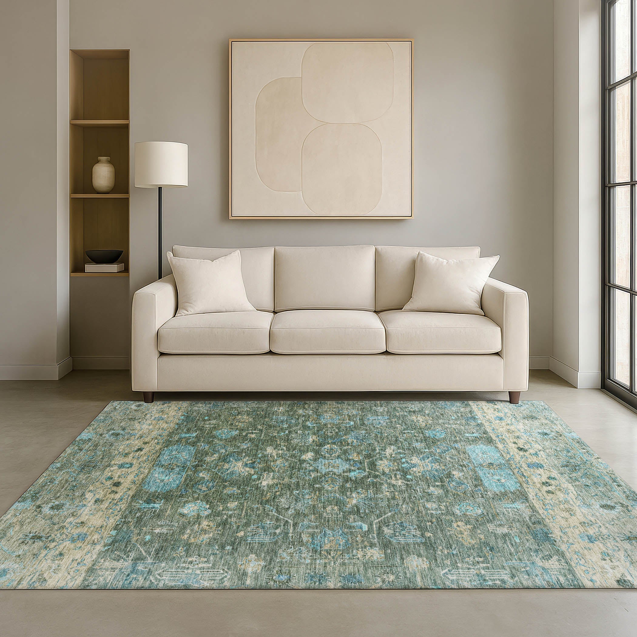 Florence Machine Washable Traditional Sage Green Rug 3' x 5' #shape_Rectangle