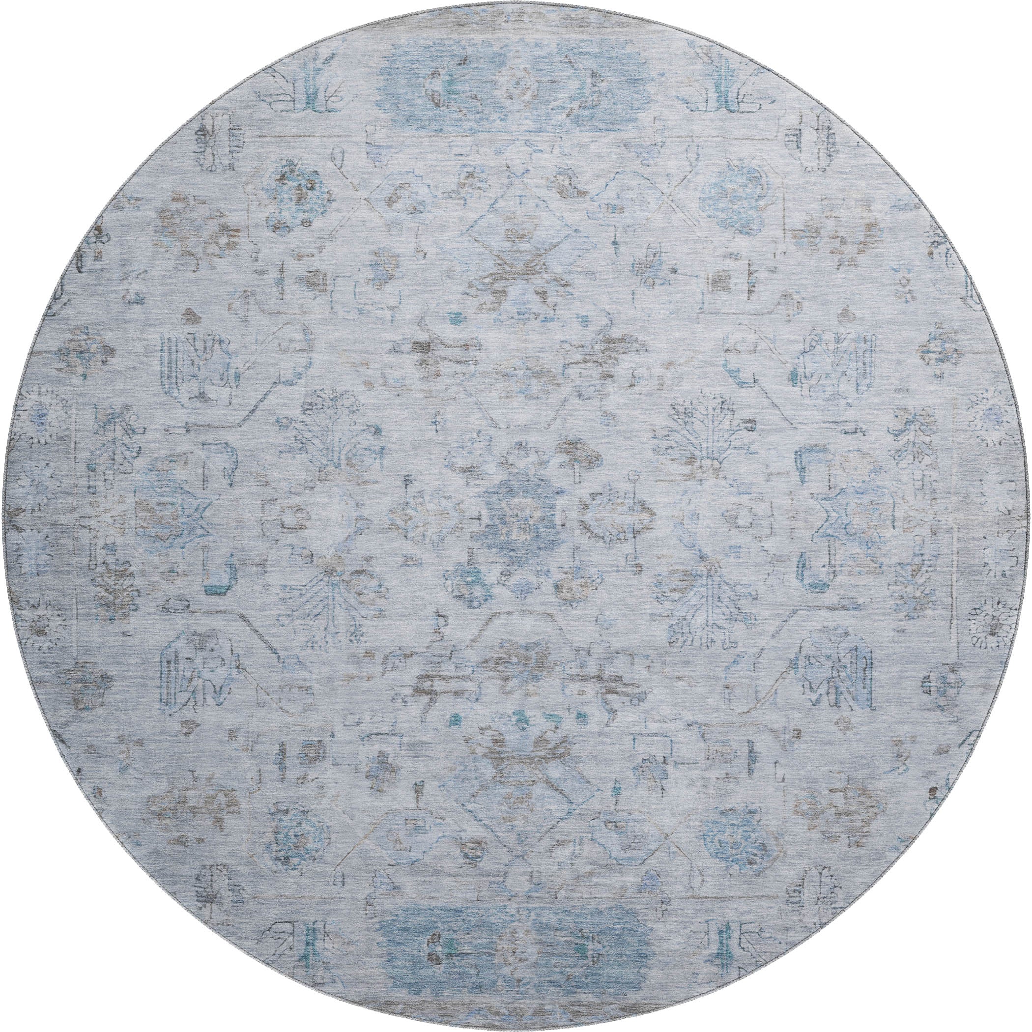 Florence Machine Washable Traditional Sky Blue Rug 8' x 8' #shape_Round