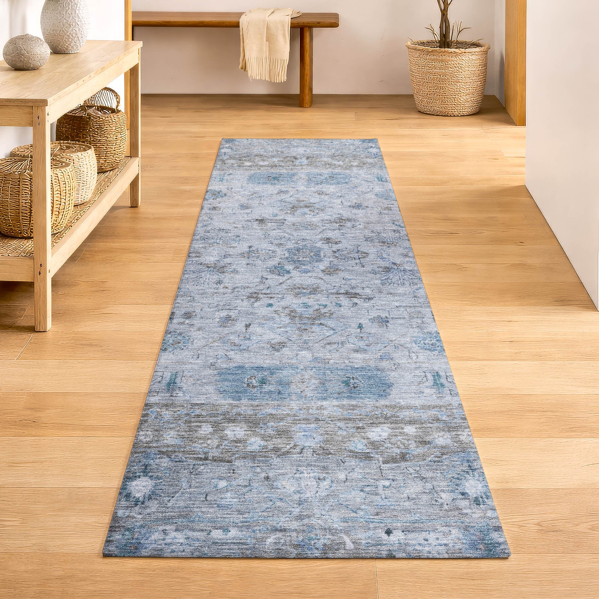 Florence Machine Washable Traditional Sky Blue Rug 2'3" x 7'6" #shape_Runner