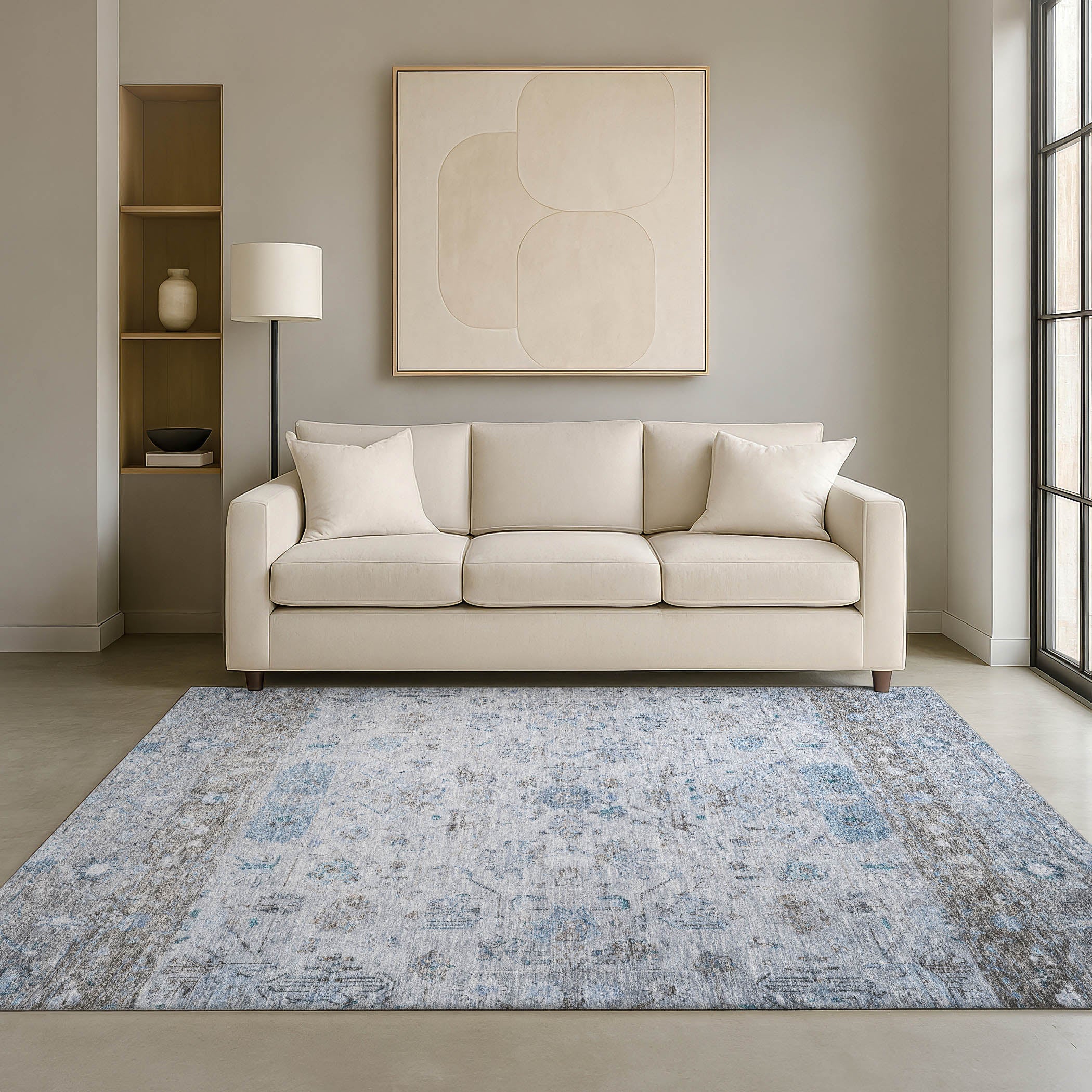 Florence Machine Washable Traditional Sky Blue Rug 3' x 5' #shape_Rectangle