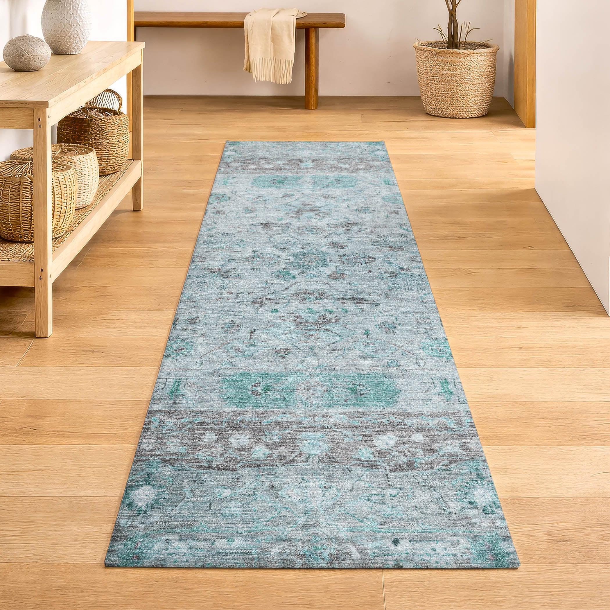 Florence Machine Washable Traditional Teal Rug 2'3" x 7'6" #shape_Runner