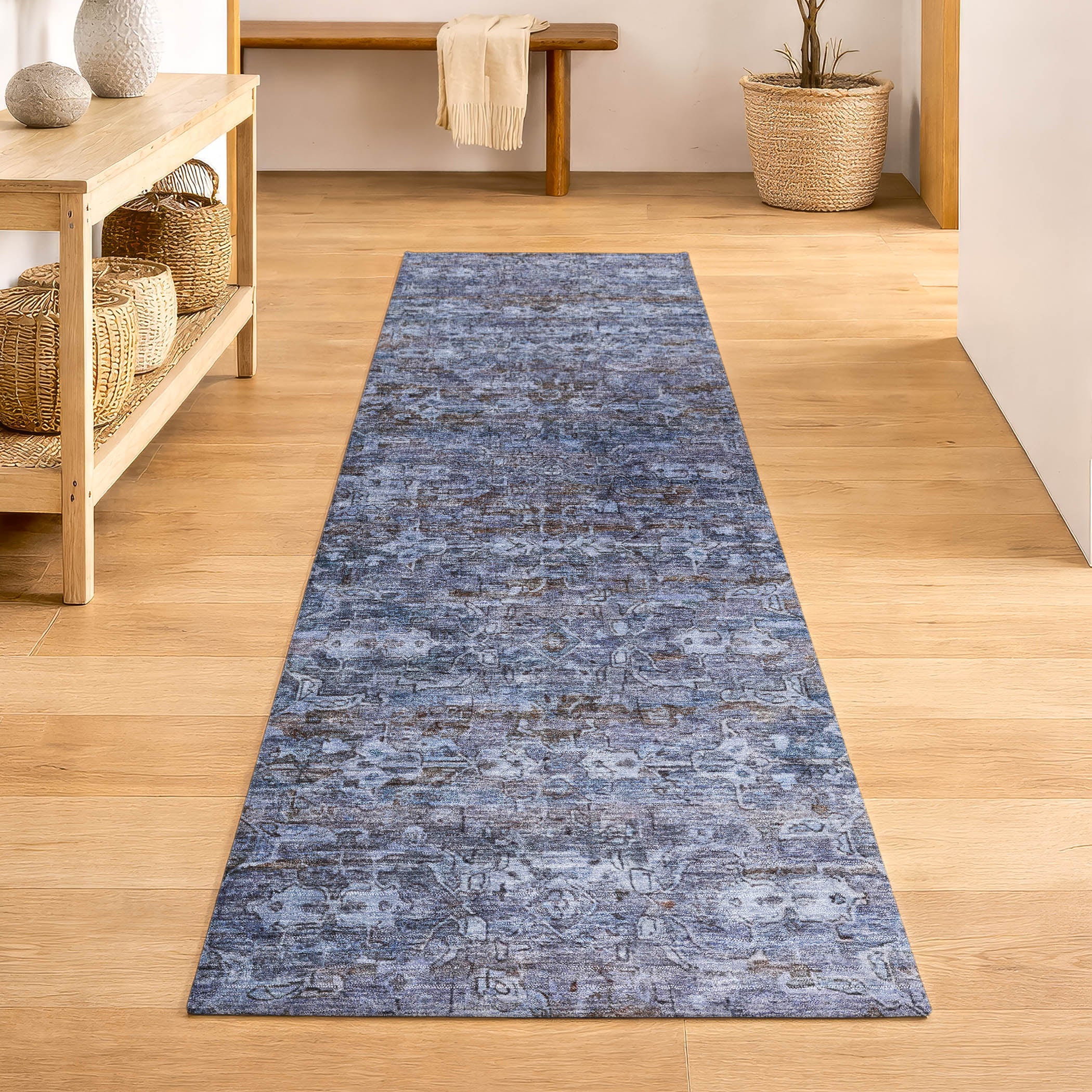 Dubrovnik Machine Washable Transitional Blue Rug 2'3" x 7'6" #shape_Runner