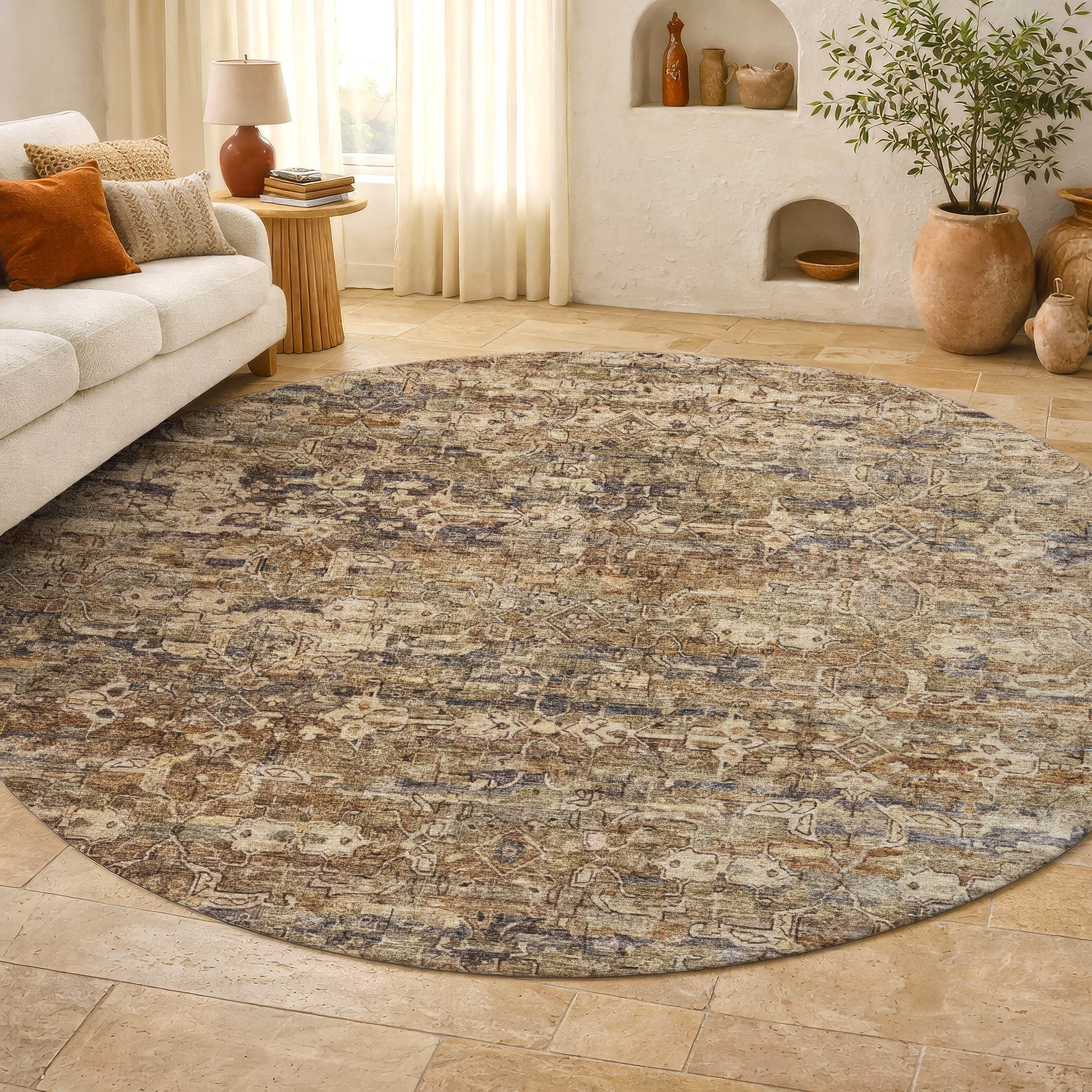 Dubrovnik Machine Washable Transitional Brown Rug 8' x 8' #shape_Round