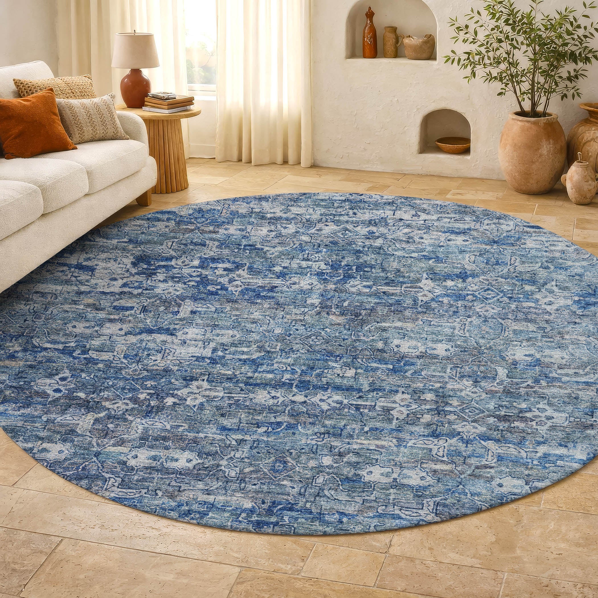 Dubrovnik Machine Washable Transitional Denim Blue Rug 8' x 8' #shape_Round
