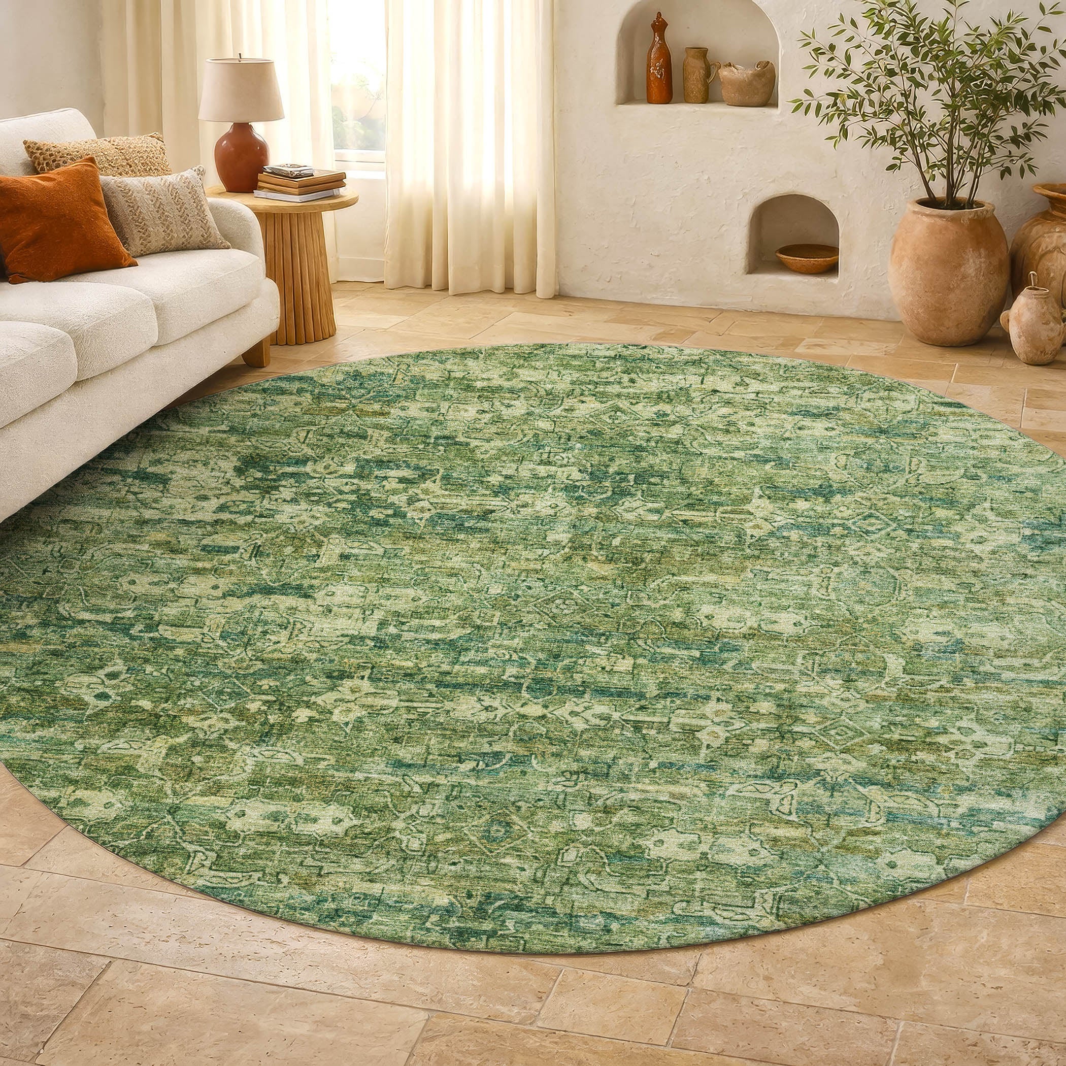 Dubrovnik Machine Washable Transitional Olive Green Rug 8' x 8' #shape_Round