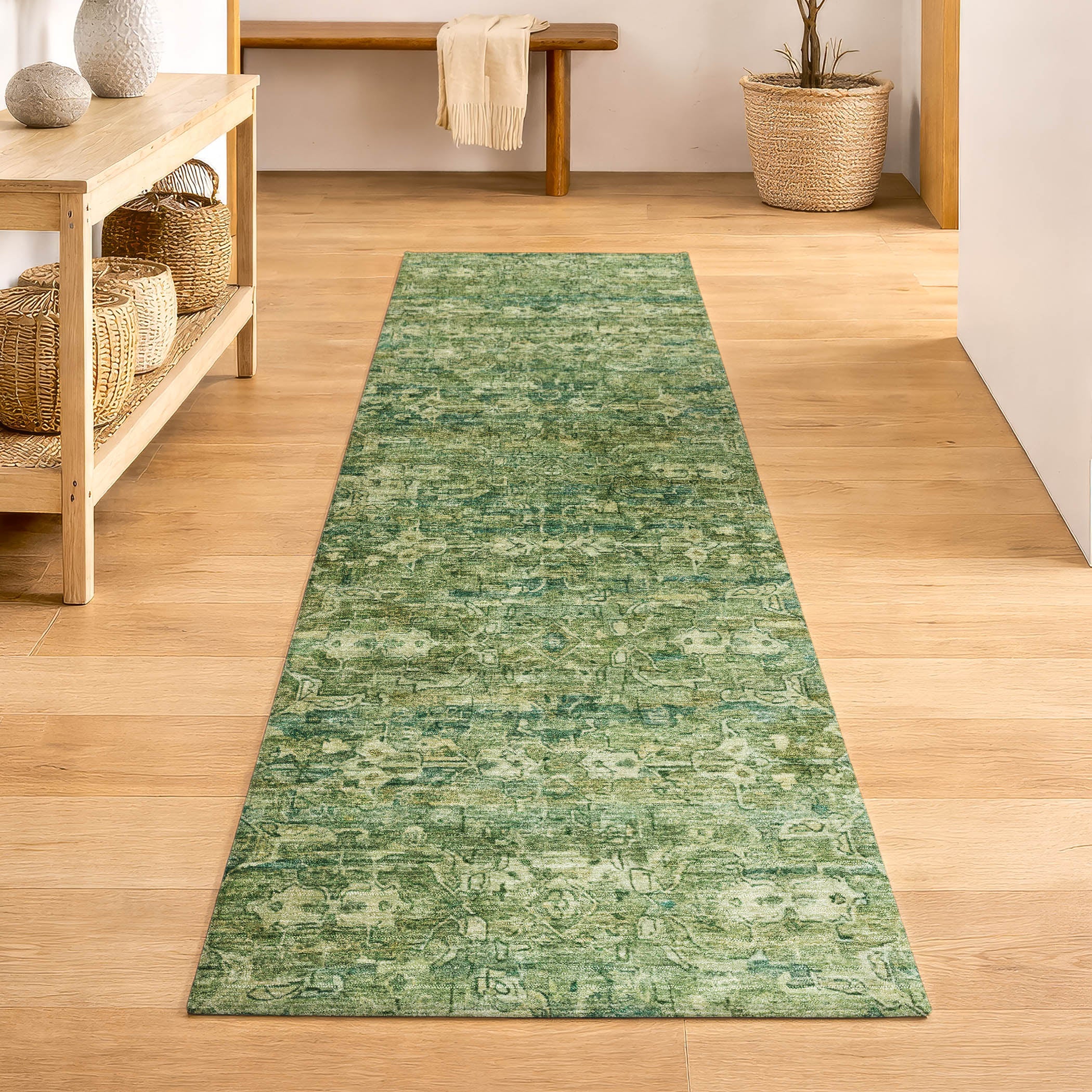 Dubrovnik Machine Washable Transitional Olive Green Rug 2'3" x 7'6" #shape_Runner