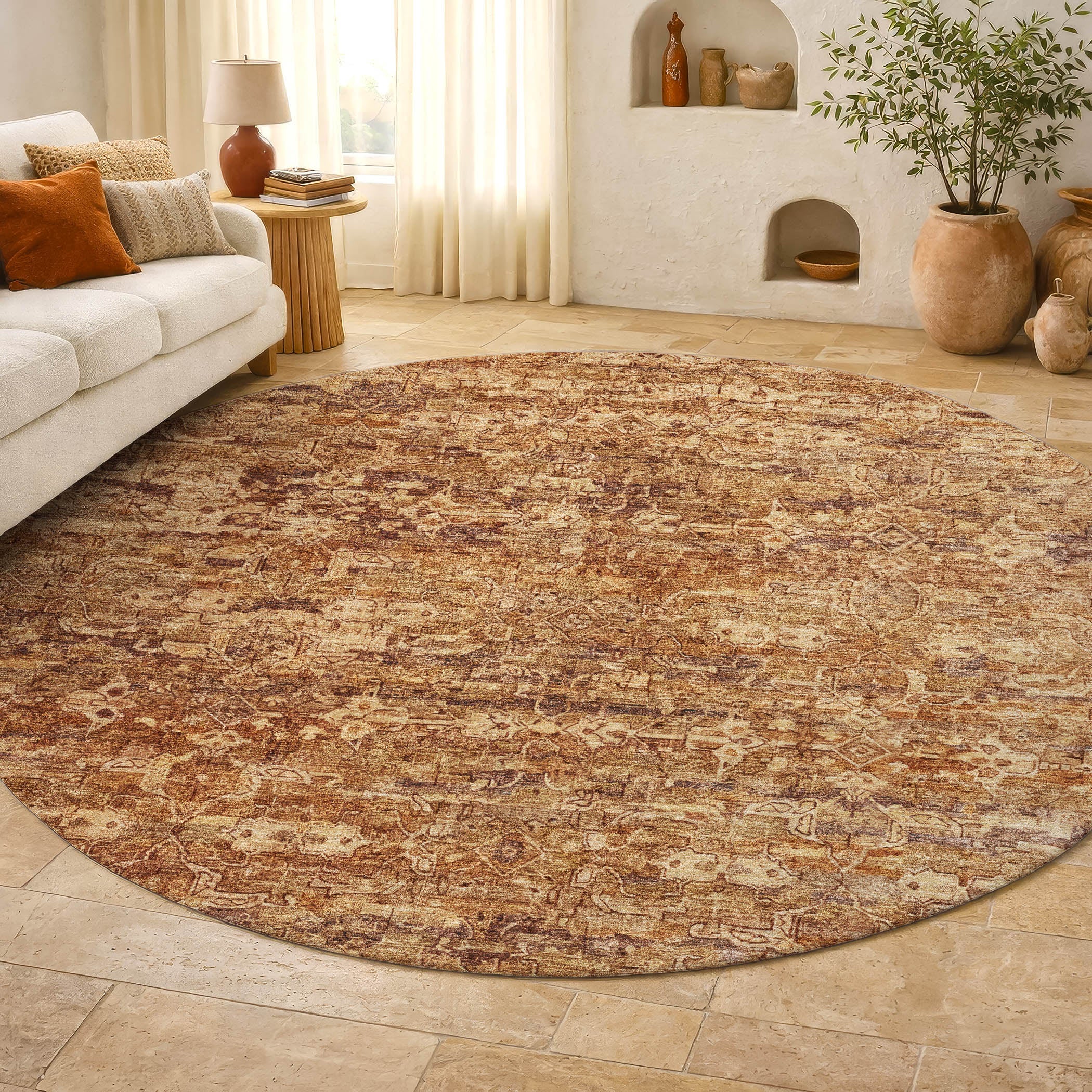 Dubrovnik Machine Washable Transitional Paprika Orange Rug 8' x 8' #shape_Round