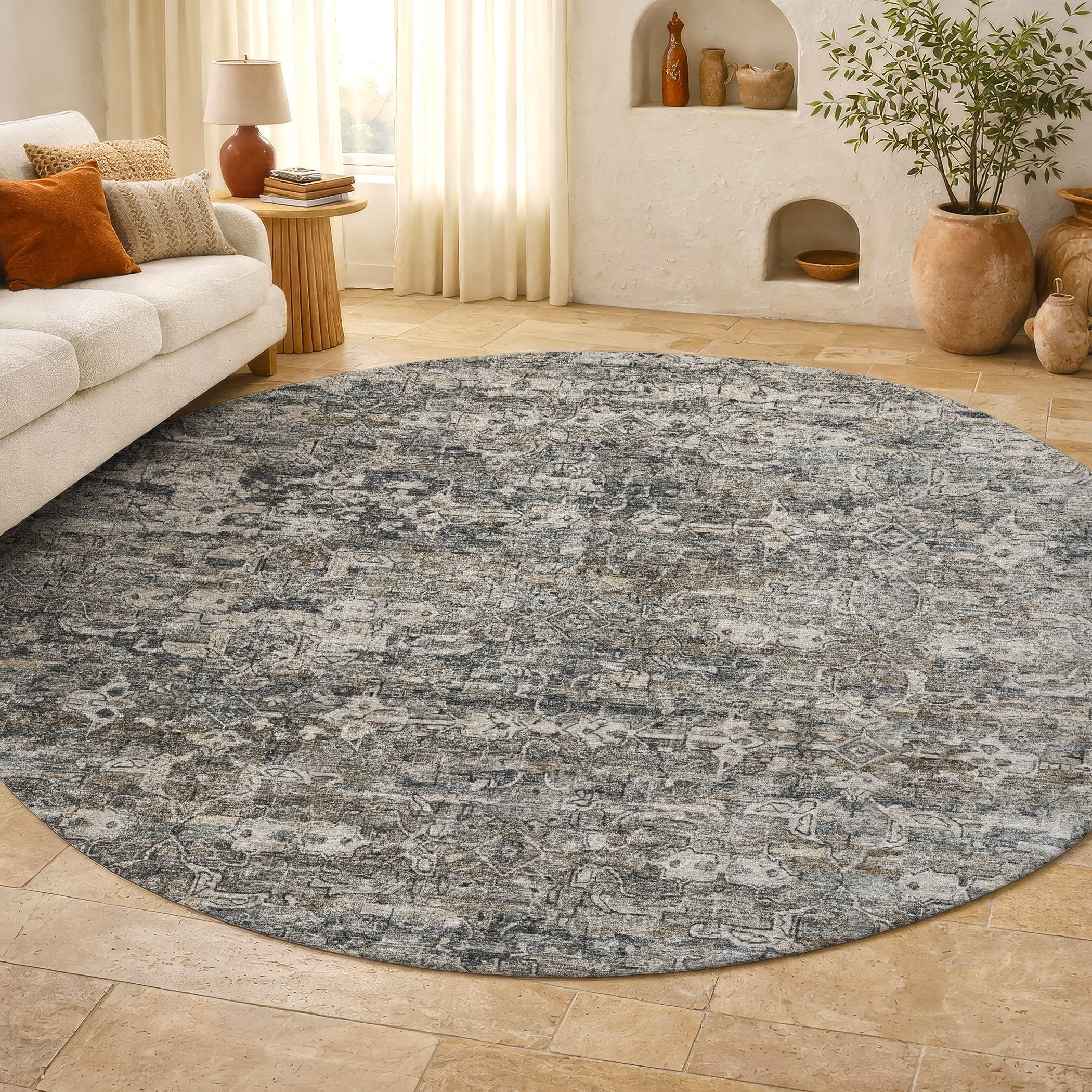 Dubrovnik Machine Washable Transitional Pewter Gray Rug 8' x 8' #shape_Round