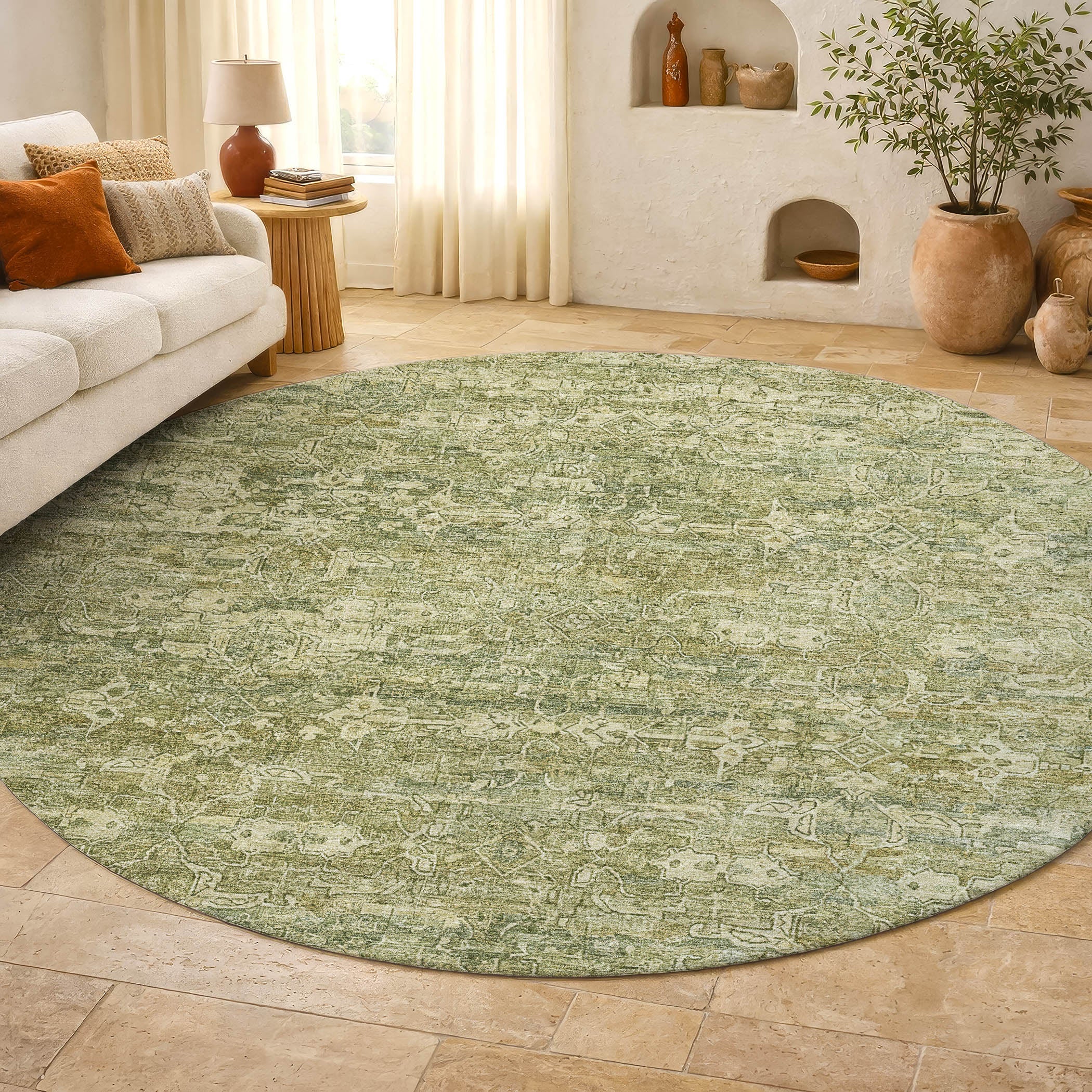 Dubrovnik Machine Washable Transitional Sage Green Rug 8' x 8' #shape_Round