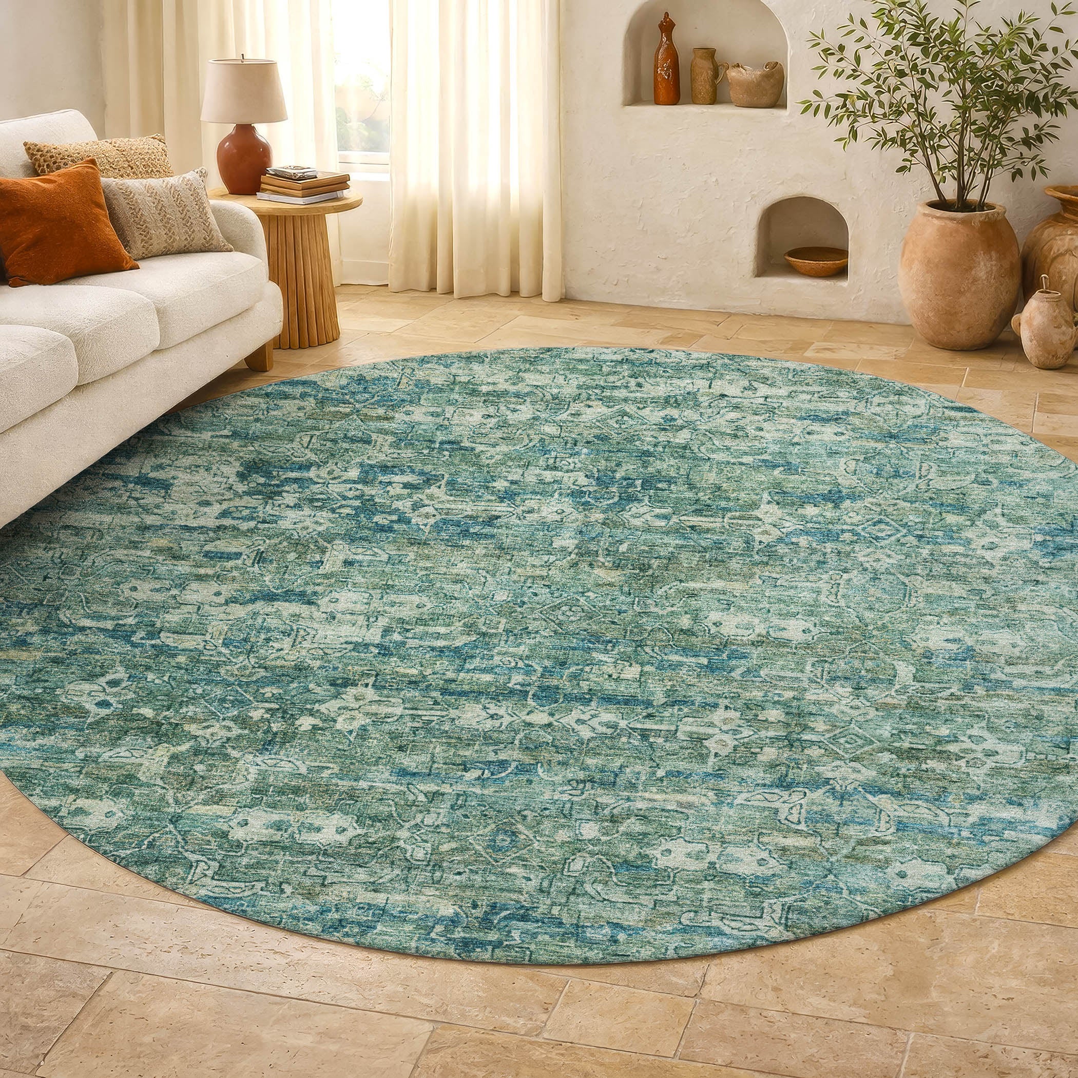 Dubrovnik Machine Washable Transitional Teal Rug 8' x 8' #shape_Round