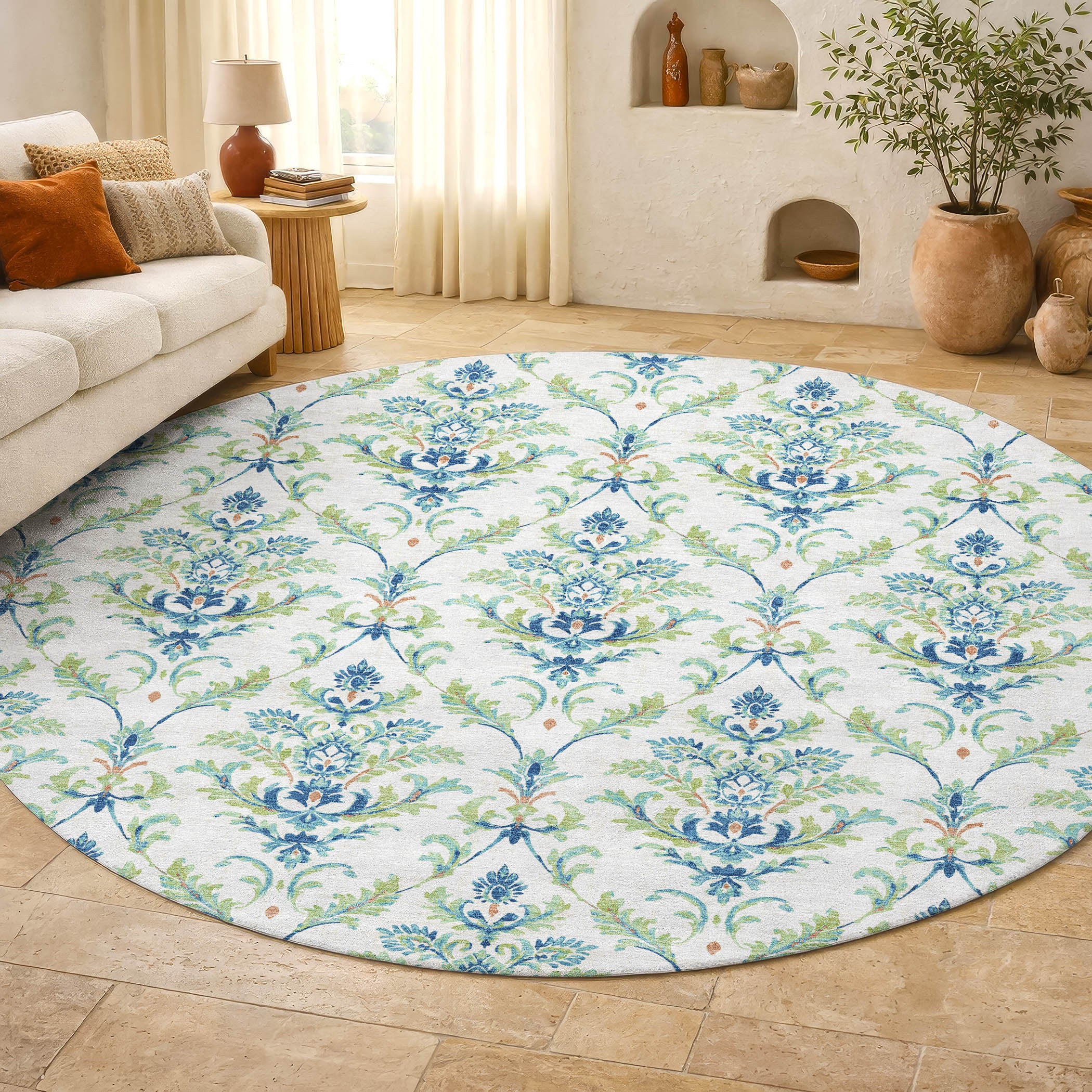 Chiang Mai Machine Washable Traditional Aloe Green Rug 8' x 8' #shape_Round