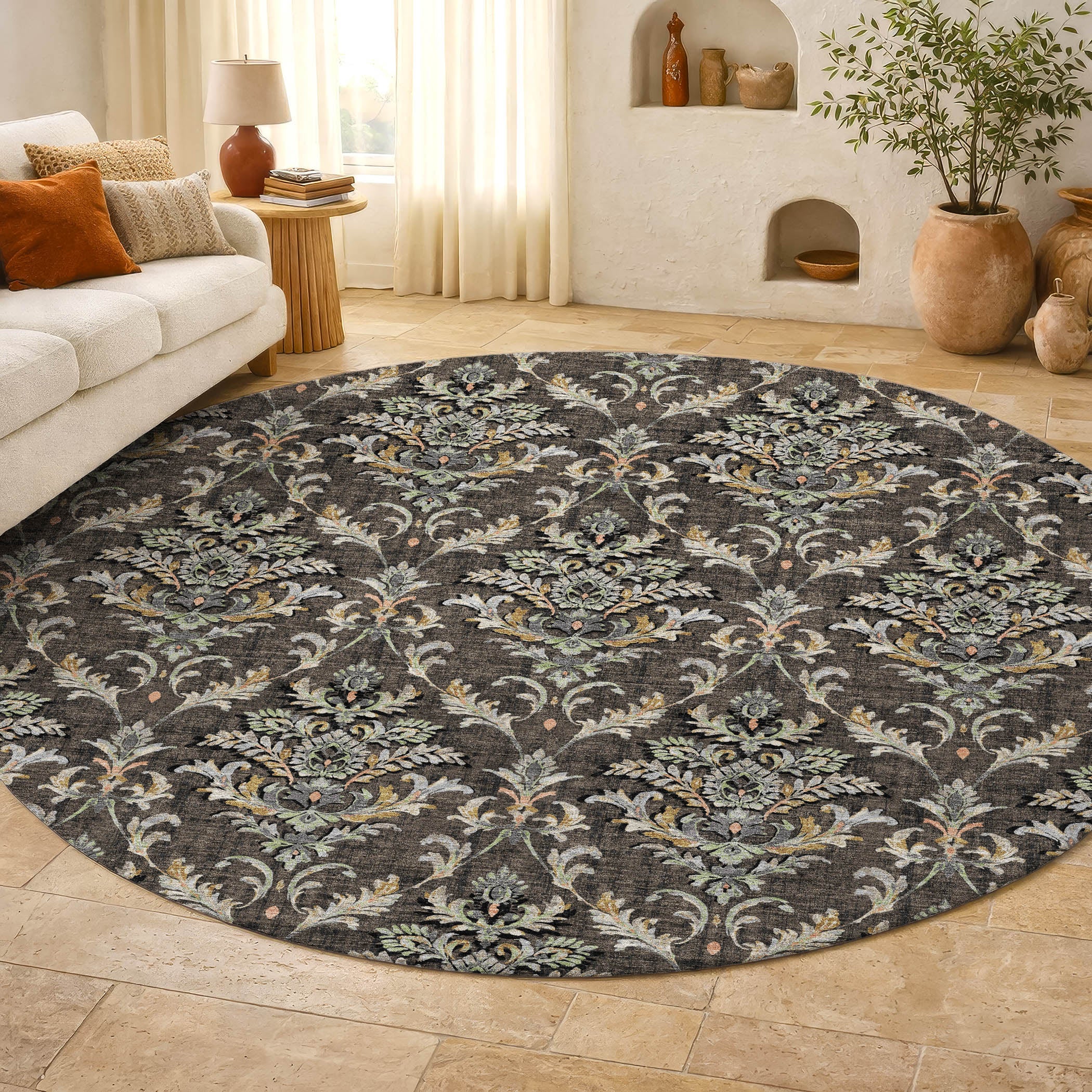 Chiang Mai Machine Washable Traditional Chocolate Brown Rug 8' x 8' #shape_Round