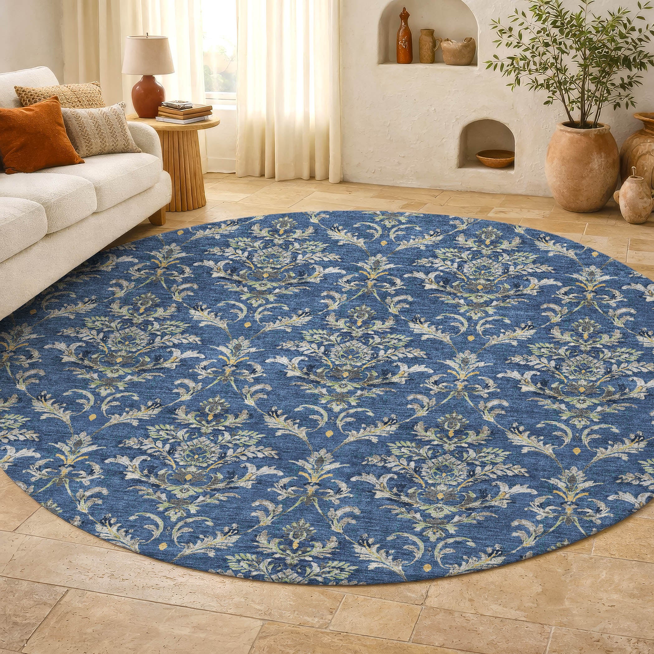 Chiang Mai Machine Washable Traditional Navy Blue Rug 8' x 8' #shape_Round