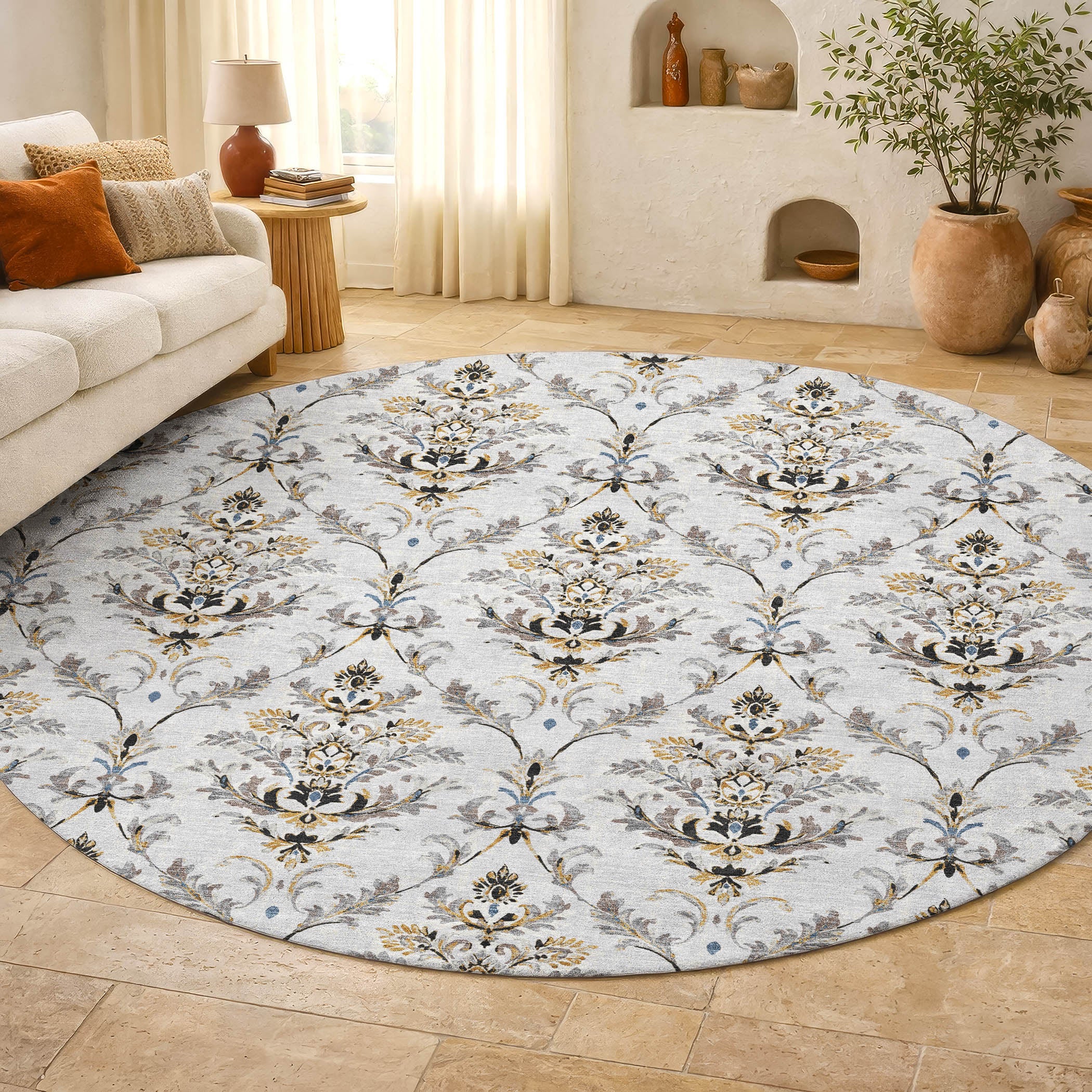 Chiang Mai Machine Washable Traditional Silver Gray Rug 8' x 8' #shape_Round