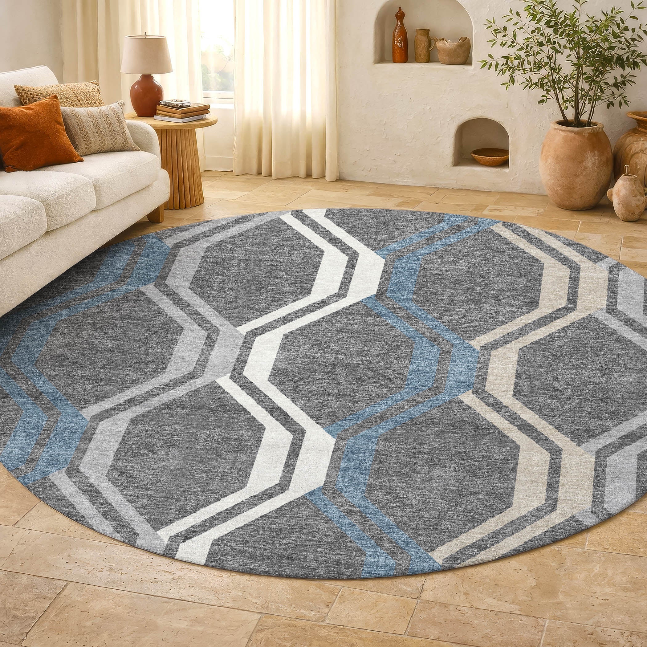 Lucerne Machine Washable Transitional Gray Rug 8' x 8' #shape_Round
