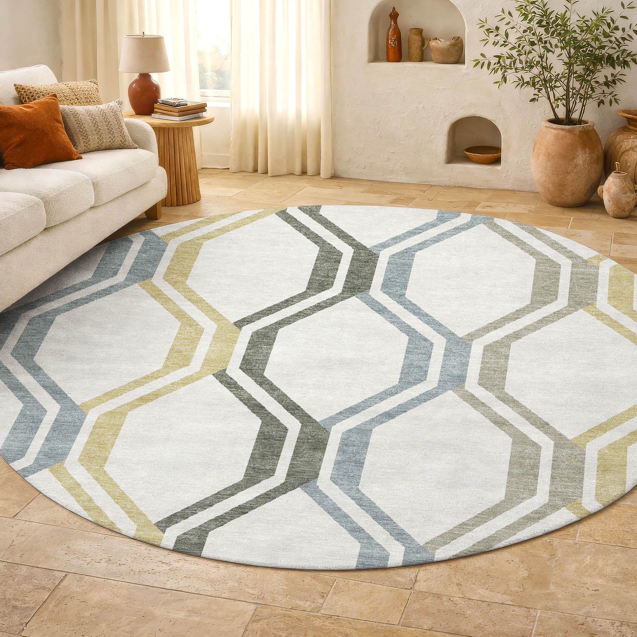 Lucerne Machine Washable Transitional Ivory Rug 8' x 8' #shape_Round