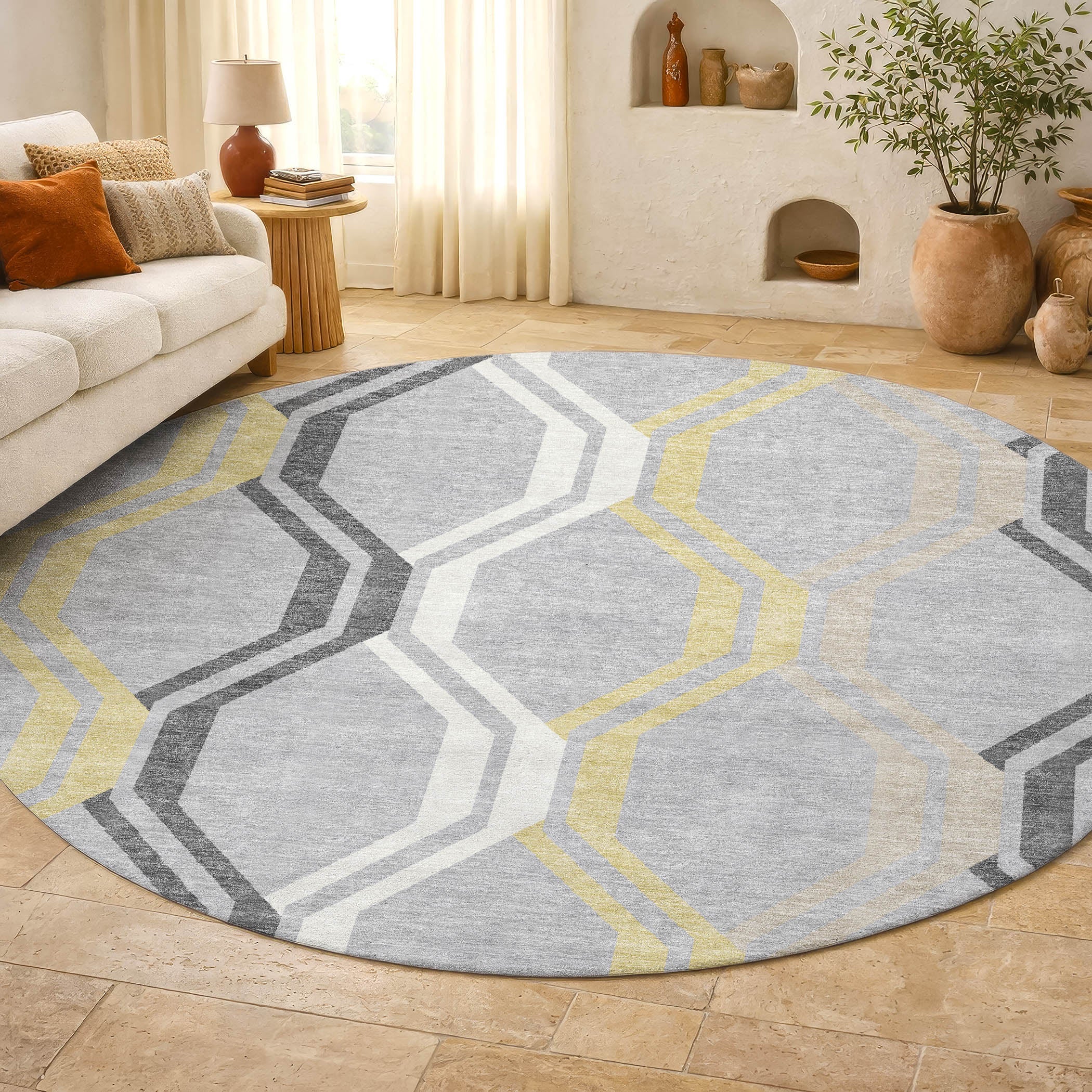 Lucerne Machine Washable Transitional Silver Gray Rug 8' x 8' #shape_Round