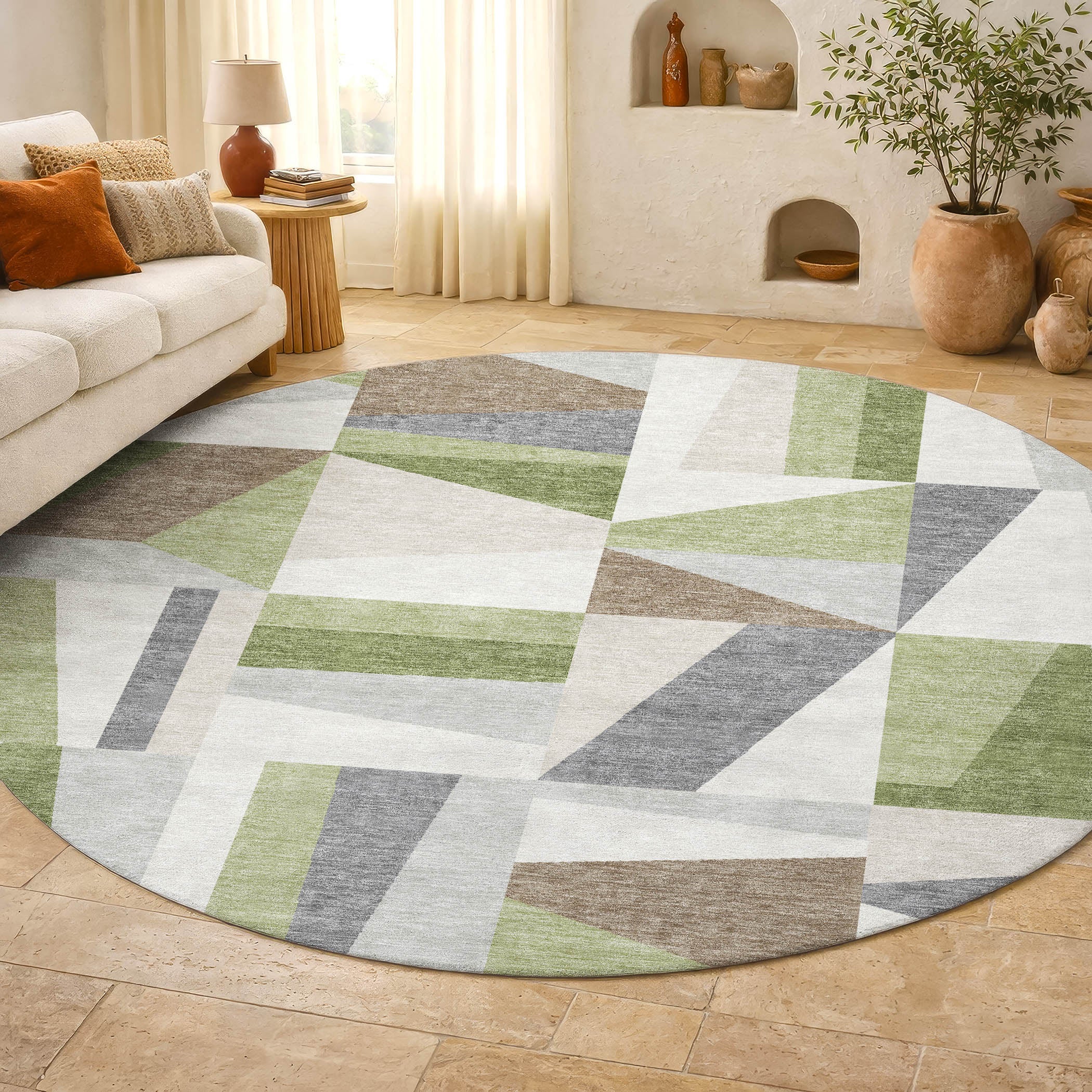 Marrakech Machine Washable Transitional Aloe Green Rug 8' x 8' #shape_Round